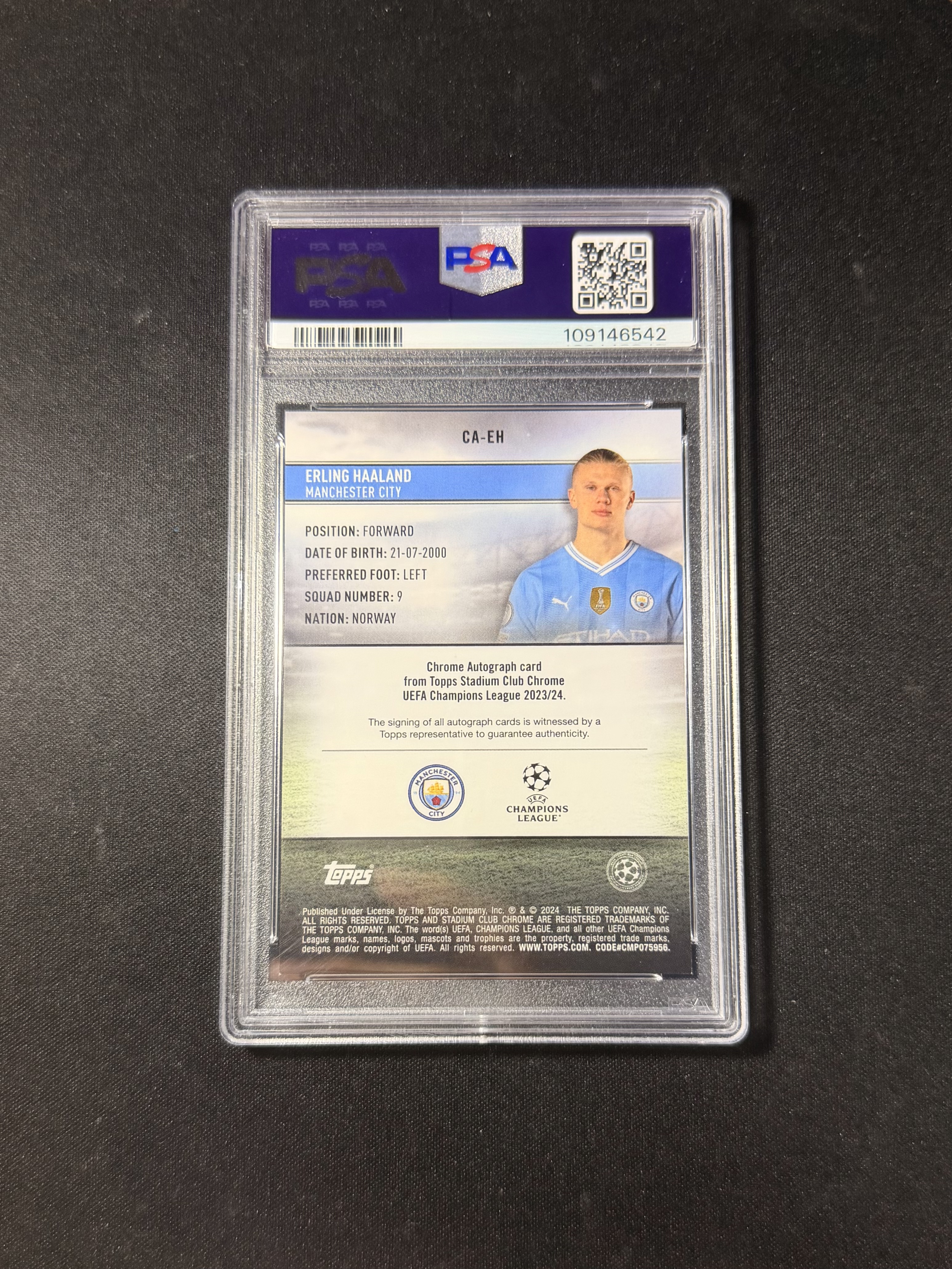 2023-24 Topps Stadium Chrome Erling Haaland 哈兰德 曼城 7/10编 黑折 PSA8.5/10分 赛场选图 完美签字 挪威 英超金靴 欧冠 竞技场