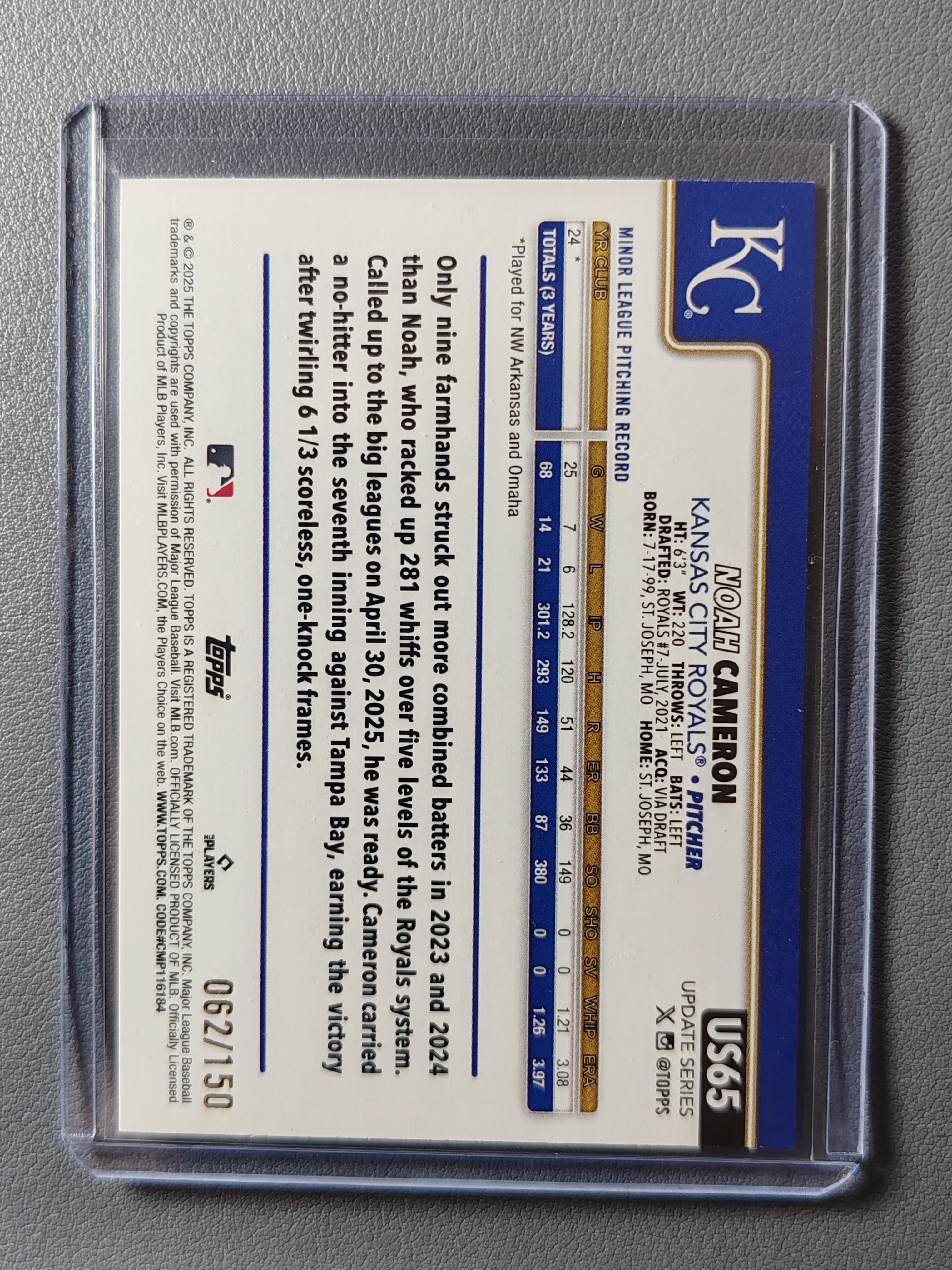 2025 Topps Update Noah Cameron RC 皇家 最佳新人第四 新秀 正新秀base 150编!蓝折!【pei】