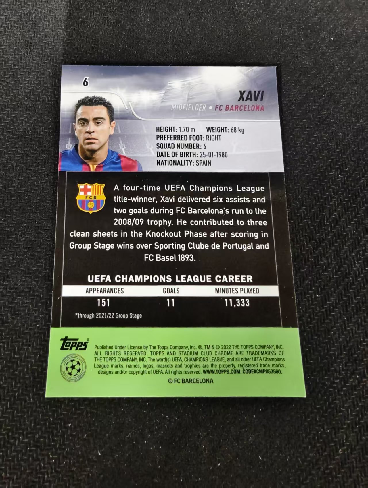 【可合并,不累计】2022 Topps Stadium Club Chrome Xavi 巴塞罗那 巴萨 哈维 竞技场 欧冠 划痕 边角瑕疵 #6