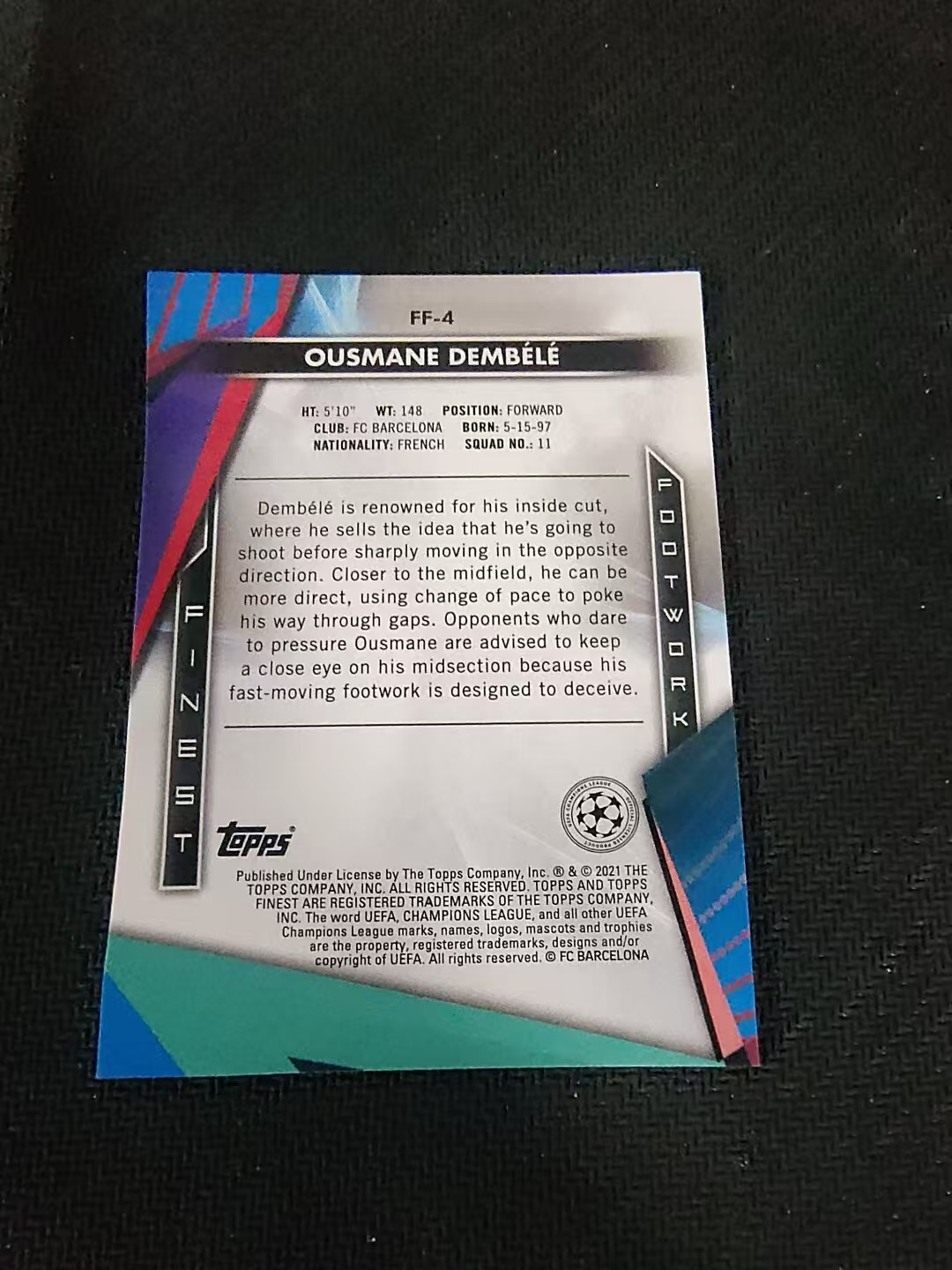 【可合并,不累计】2021 Topps Finest ousmane dembele 奥斯曼 登贝莱 巴黎圣日耳曼 巴萨 巴塞罗那 多特 法国 欧冠 银折 特卡 #4