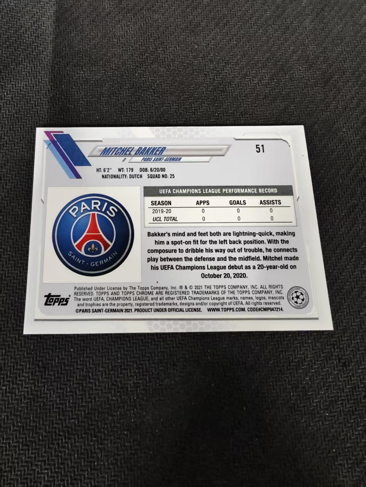 【可合并,不累计】2021 Topps Chrome Mitchel Bakker 欧冠 蓝宝石 巴克尔 大巴黎 RC 新秀 蓝碎冰 #51 划痕 边角瑕疵