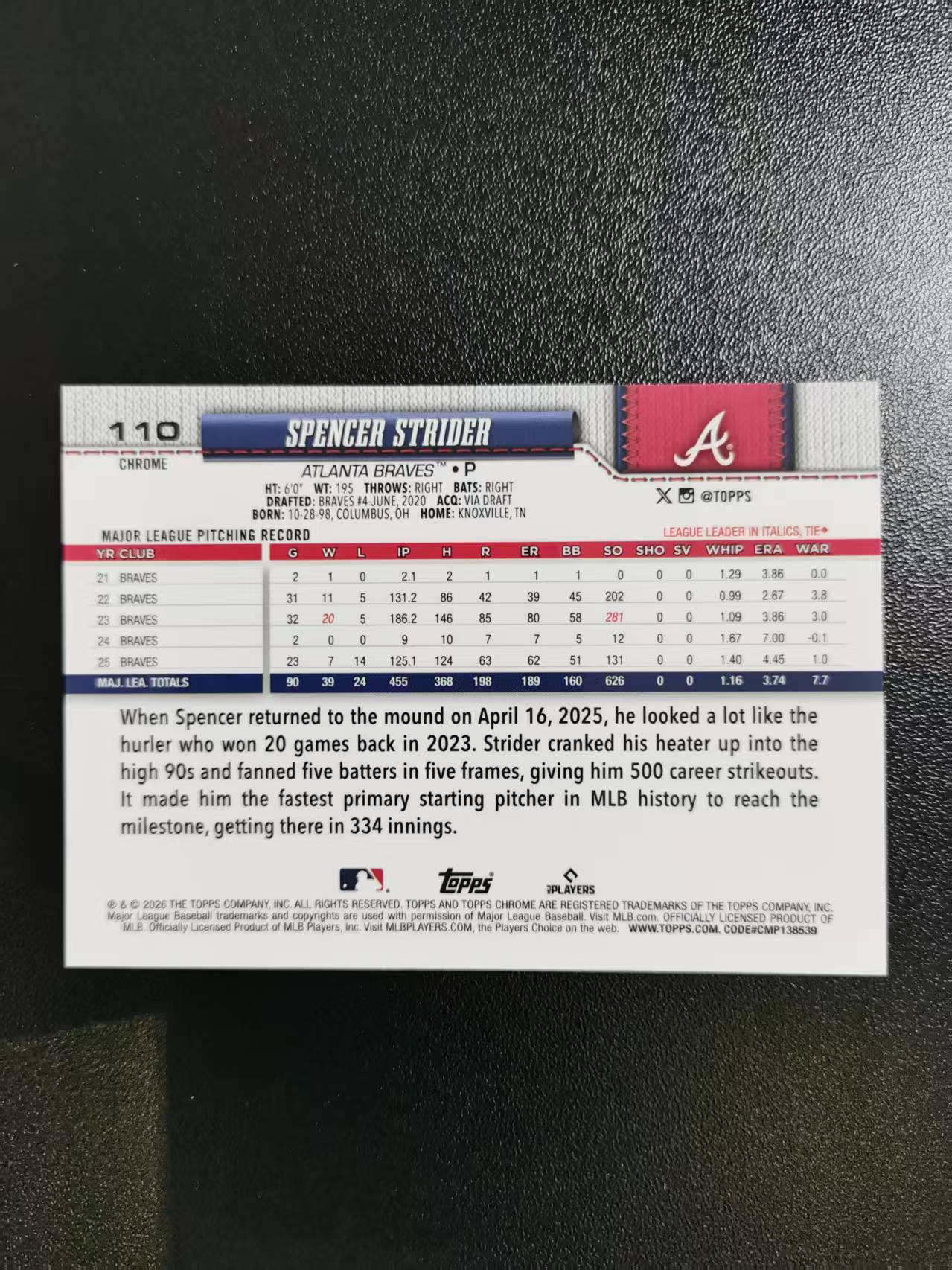 2026 Topps Chrome Spencer Strider 斯宾塞斯特里德 TC棒球 MLB 折射 收藏凑套 卡品如图 免费代拍CC23