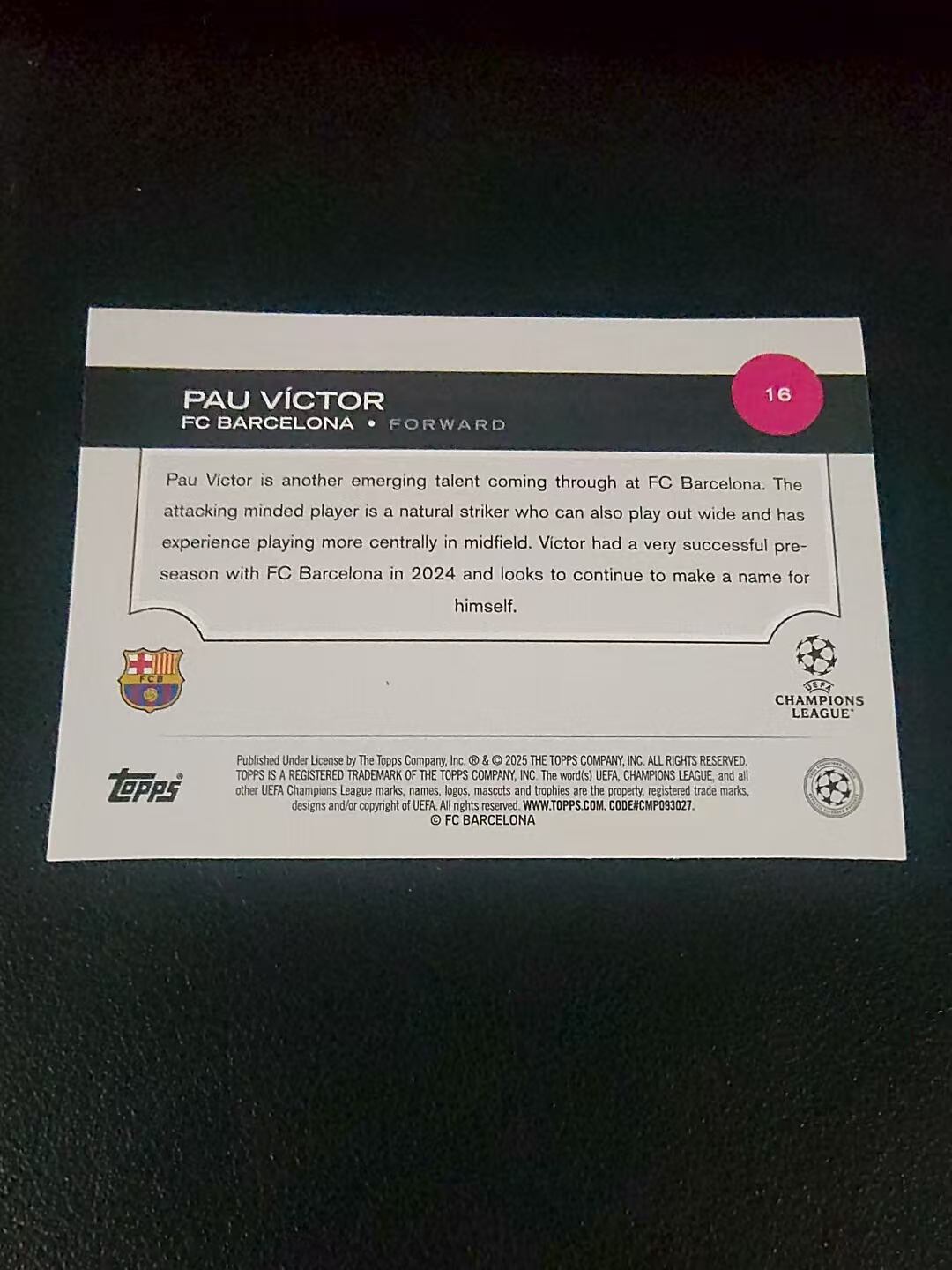 【可合并,不累计】2025 Topps Chrome Pau victor RC 巴萨 保 维克托 前锋神射 新秀 欧冠 划痕 边角瑕疵 #16