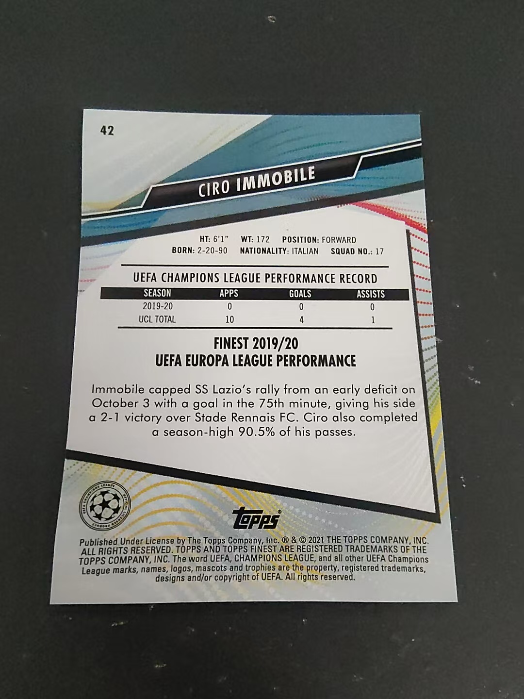 【可合并,不累计】2021 Topps Finest Ciro Immobile 欧战 拉齐奥 因莫比莱 划痕 边角瑕疵 #42