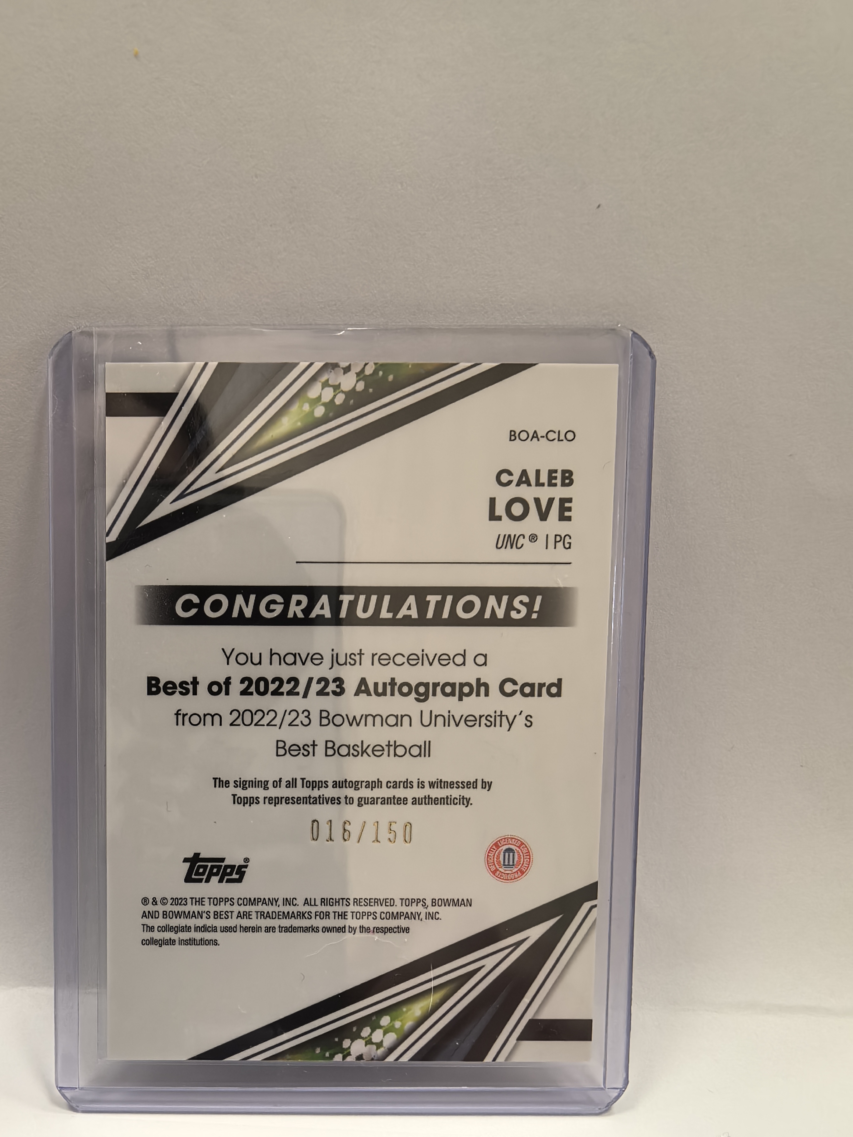 2023 Topps bowman Caleb Love 凯莱布 乐福 签字卡 签名 蓝折 016/150编 Autograph Issue 卡品如图