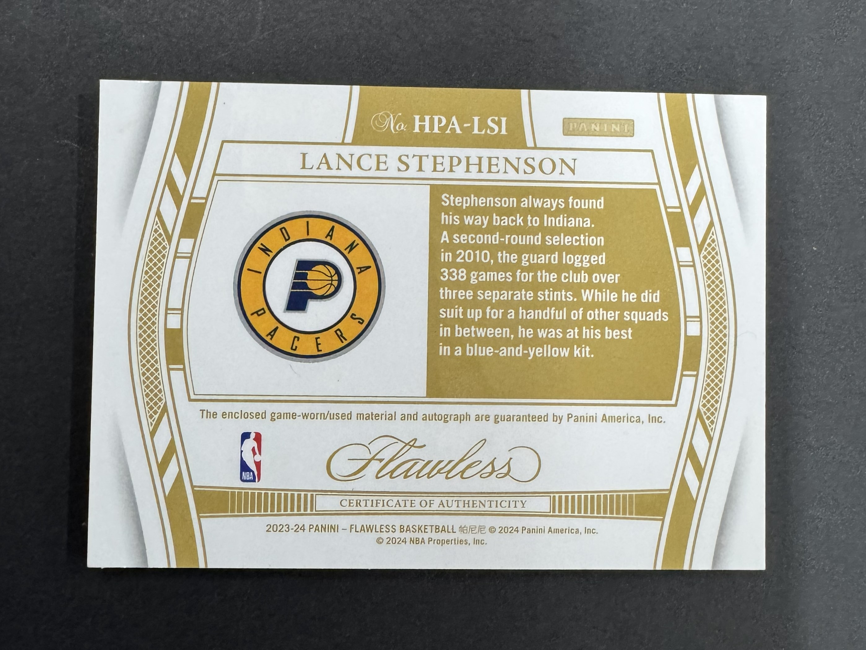 2023-24 Panini Flawless Lance Stephenson #HPA-LSI 手提 兰斯 史蒂芬森 步行者 切割物料 签字 24/25编 卡品如图