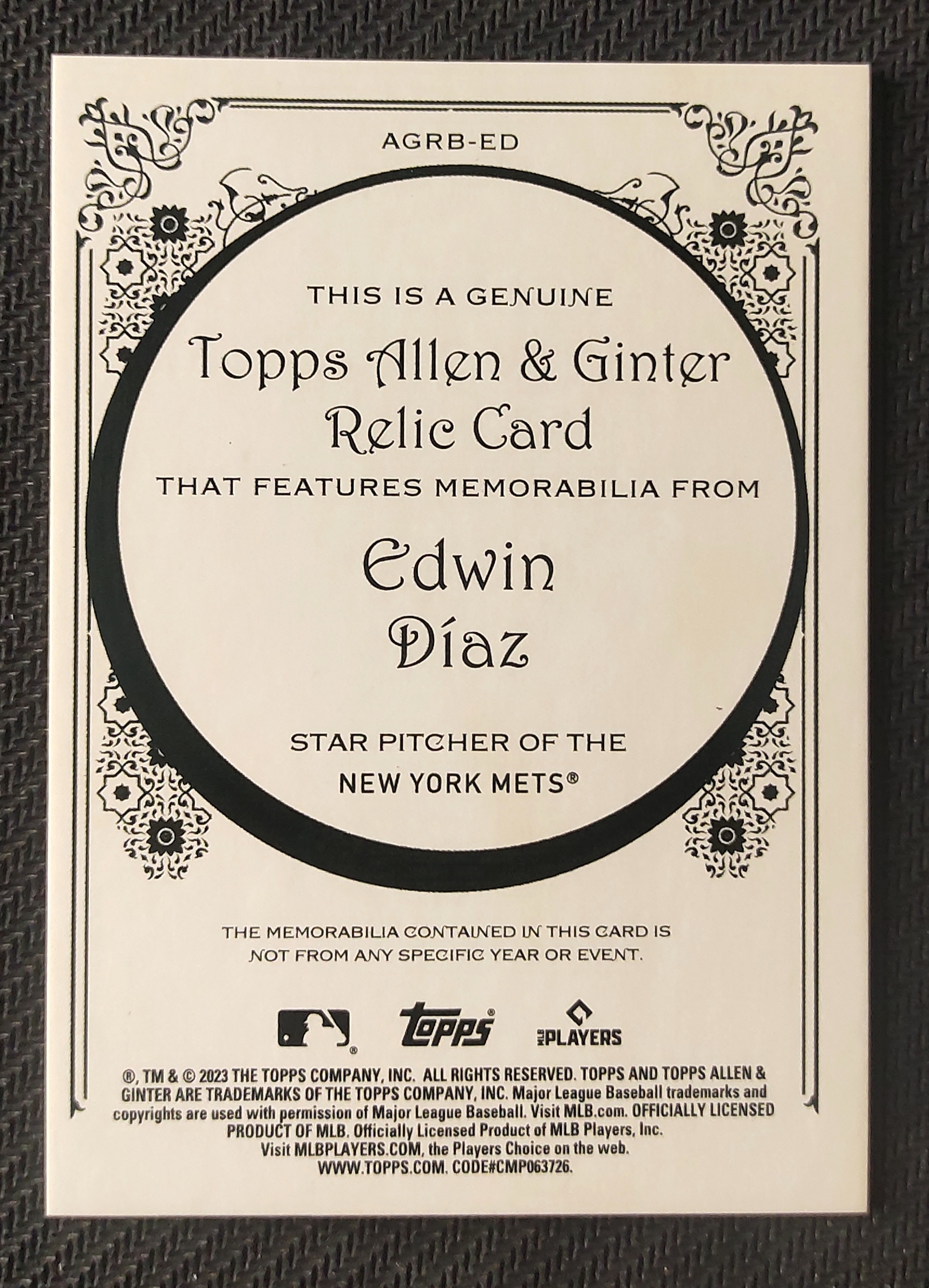 2023 Topps Allen & Ginter Edwin Diaz 埃德温 迪亚茨 迪亚兹 迪亚斯 棒球 纽约大都会 复古特卡 小窗 Patch 球衣 物料 瑕疵如图