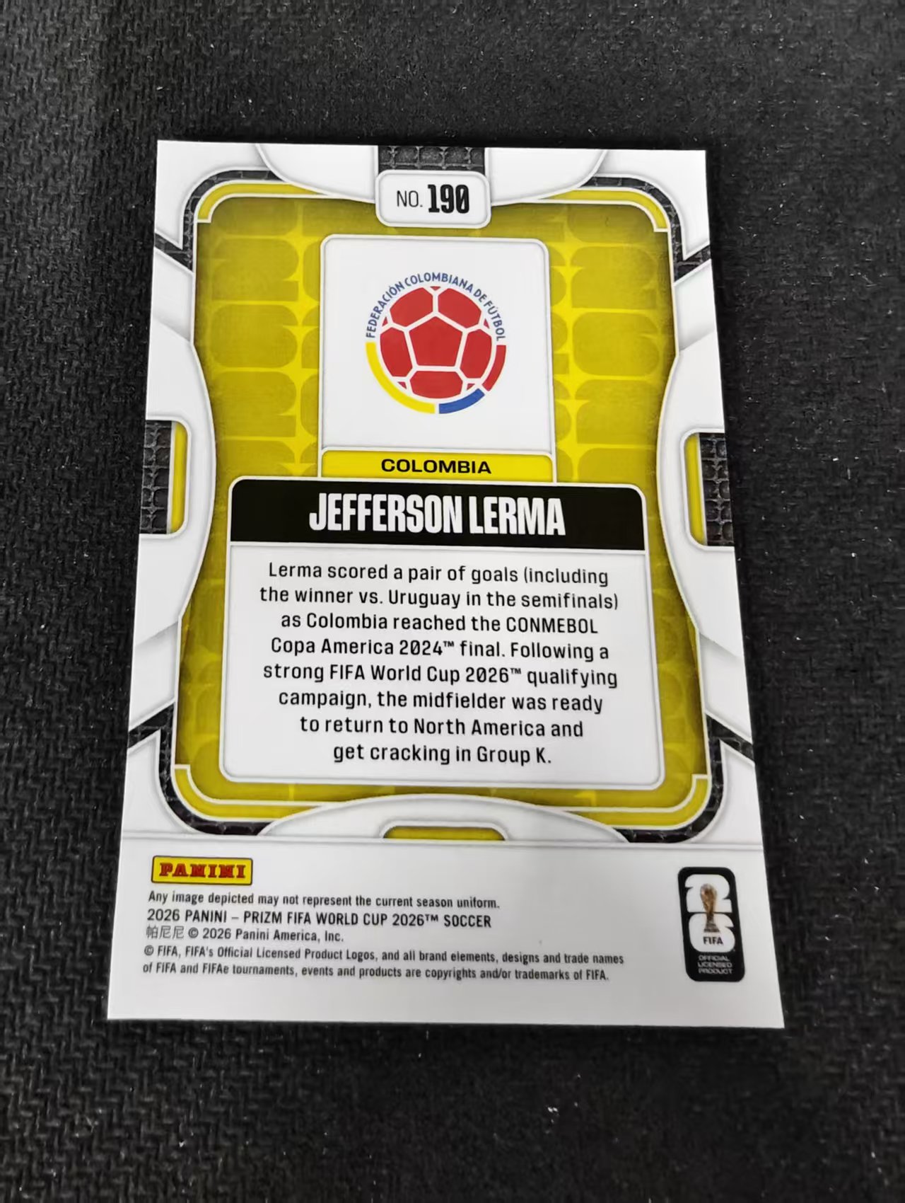 2026 Panini World Cup Prizm Jefferson Lerma杰佛逊 勒马 伯恩茅斯 哥伦比亚 PZ世界杯 划痕 边角瑕疵#190