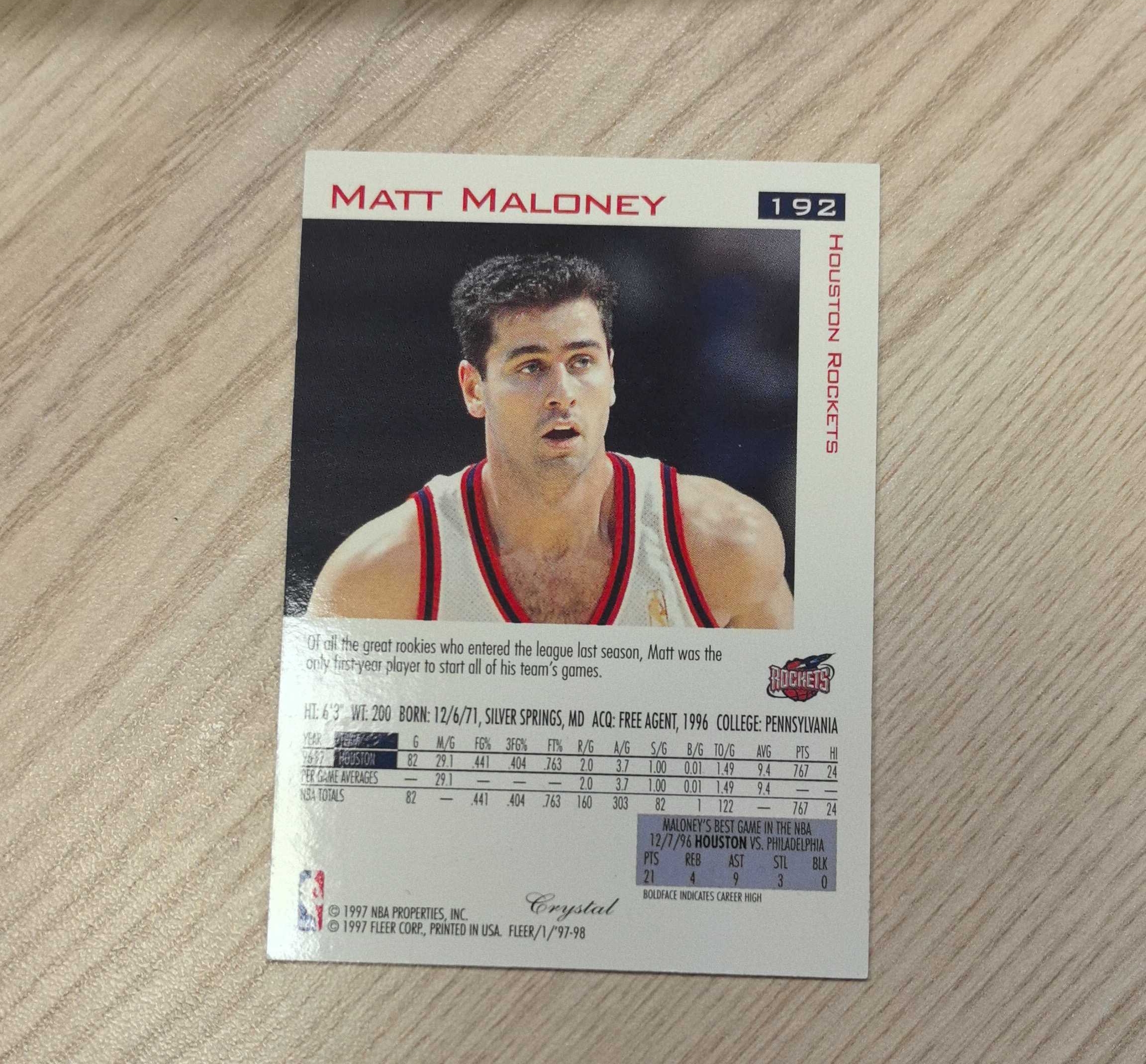 1997-98 Fleer Tradition Matt Maloney RC 马特·马龙尼 先后效力于火箭、老鹰和公牛 银标 硬通货 极具收藏价值