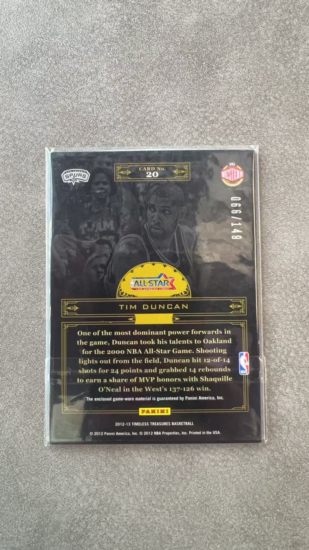 6731【330球星卡实体店代卖】panini 12-13 TIMELESS 蒂姆邓肯(Tim Duncan)全明星 球衣实物 Jersey 落场 66/149编 仅顺丰寄付(UK23)