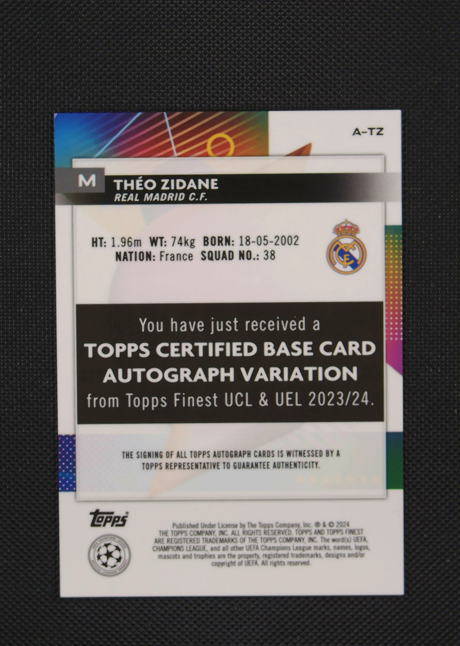 2023-24 Topps Finest Theo Zidane 蓝宝石代卖 【手续费仅4.5%包含卡淘百分之5】 泰奥 齐达内 签字 法国 皇马 rc 199编 紫折 卡品如图 罗