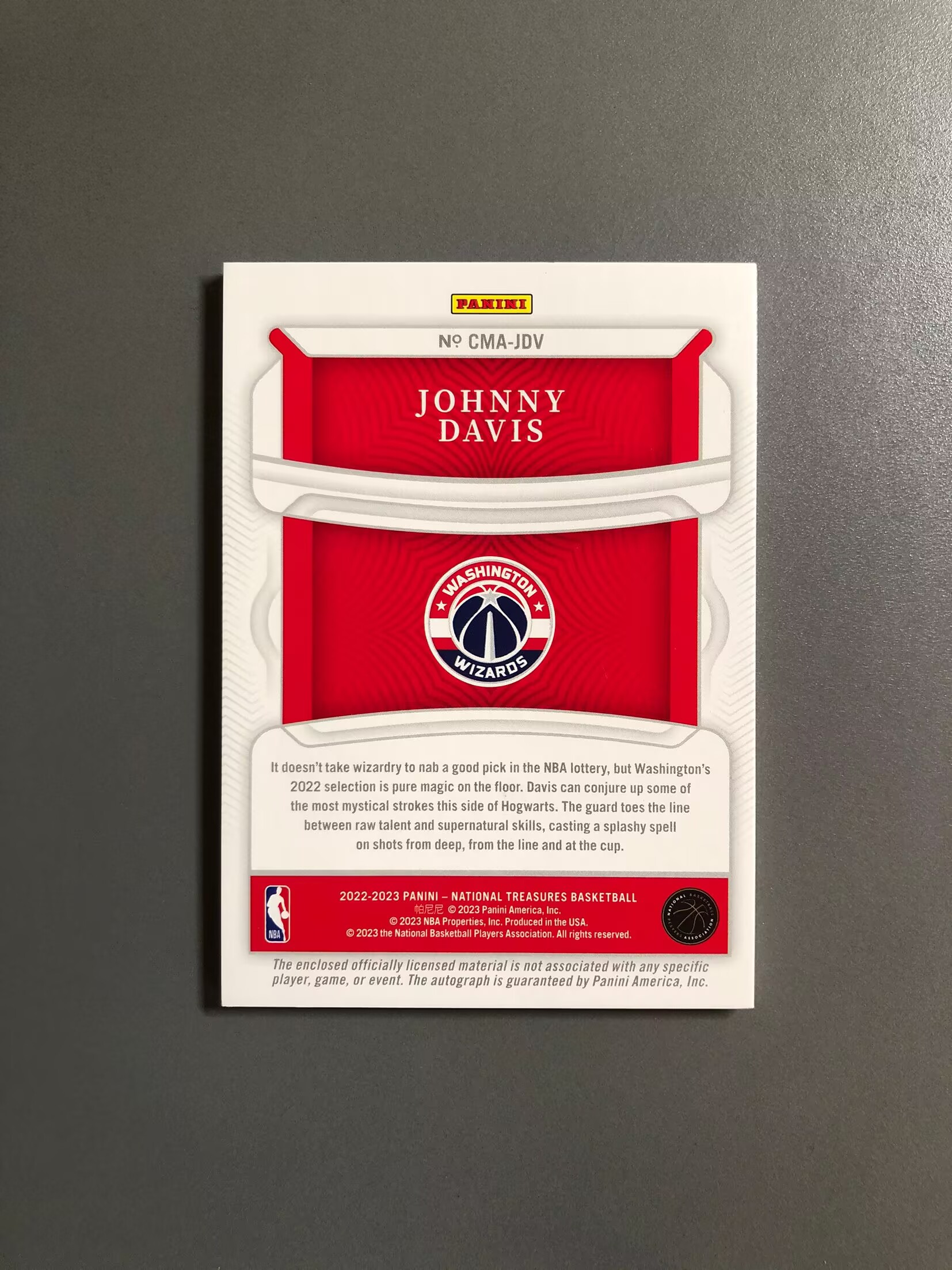 2022-23 Panini National Treasures Johnny Davis RC 约翰尼·戴维斯 奇才 新秀 RC 球衣 签字 卡签 RPA 49编 实卡好看 卡品如图 FT051