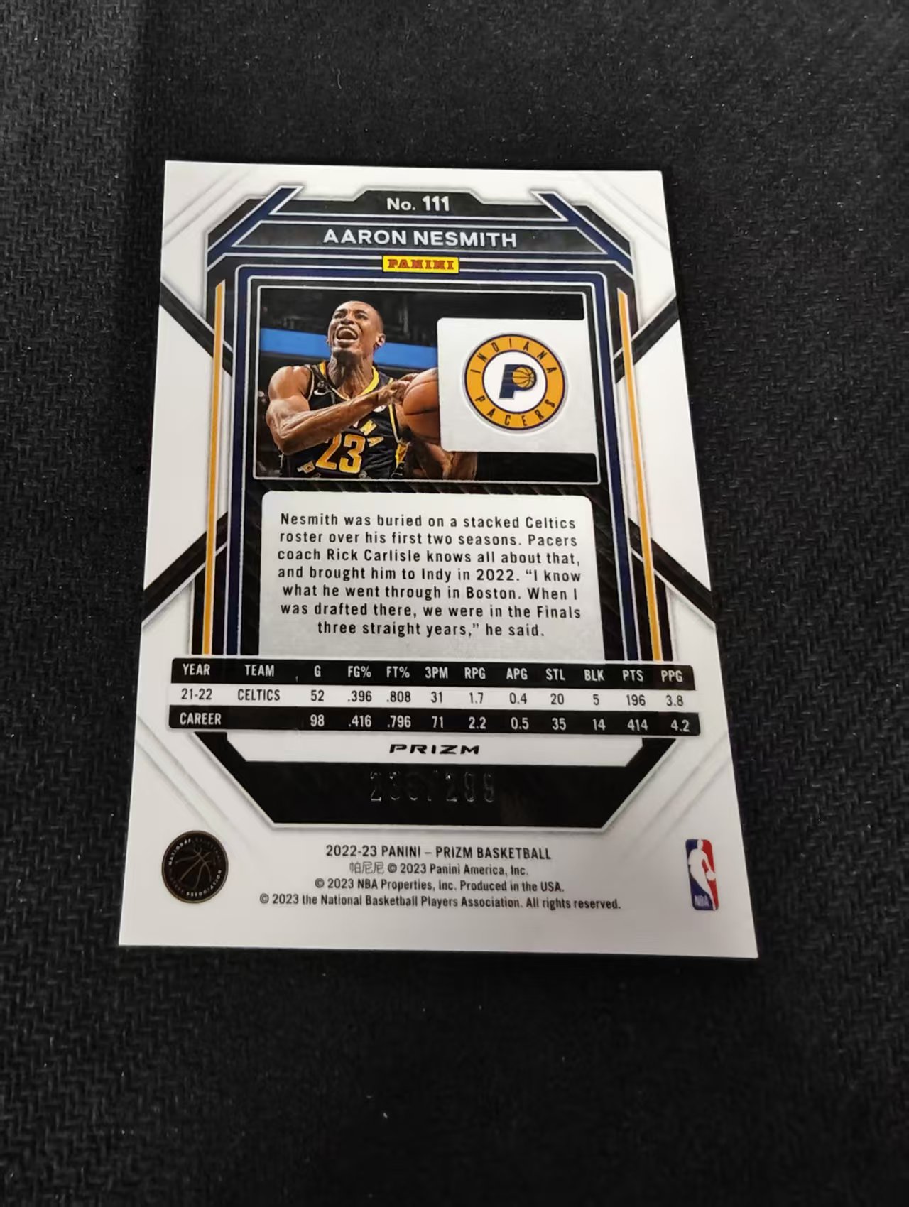 2022-23 Panini Prizm Aaron Nesmith 阿隆 内史密斯 步行者 红折 299编 划痕 边角瑕疵