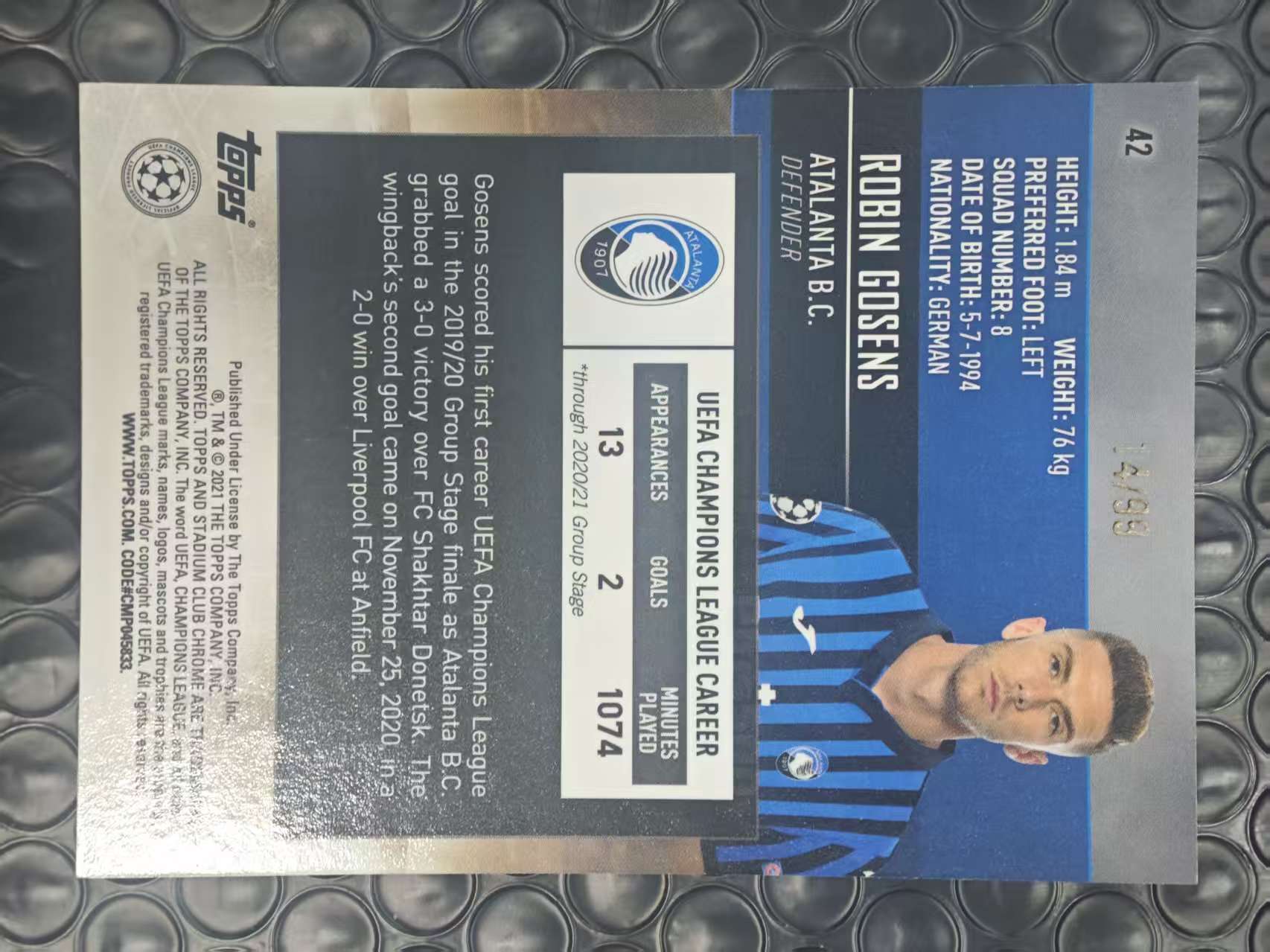 2020-21 Topps Stadium Club Robin Gosens 欧冠竞技场 元年 亚特兰大 罗宾 戈森斯 14/99编 绿折 折射 卡品如图【原地起飞卡社】MVP11.6