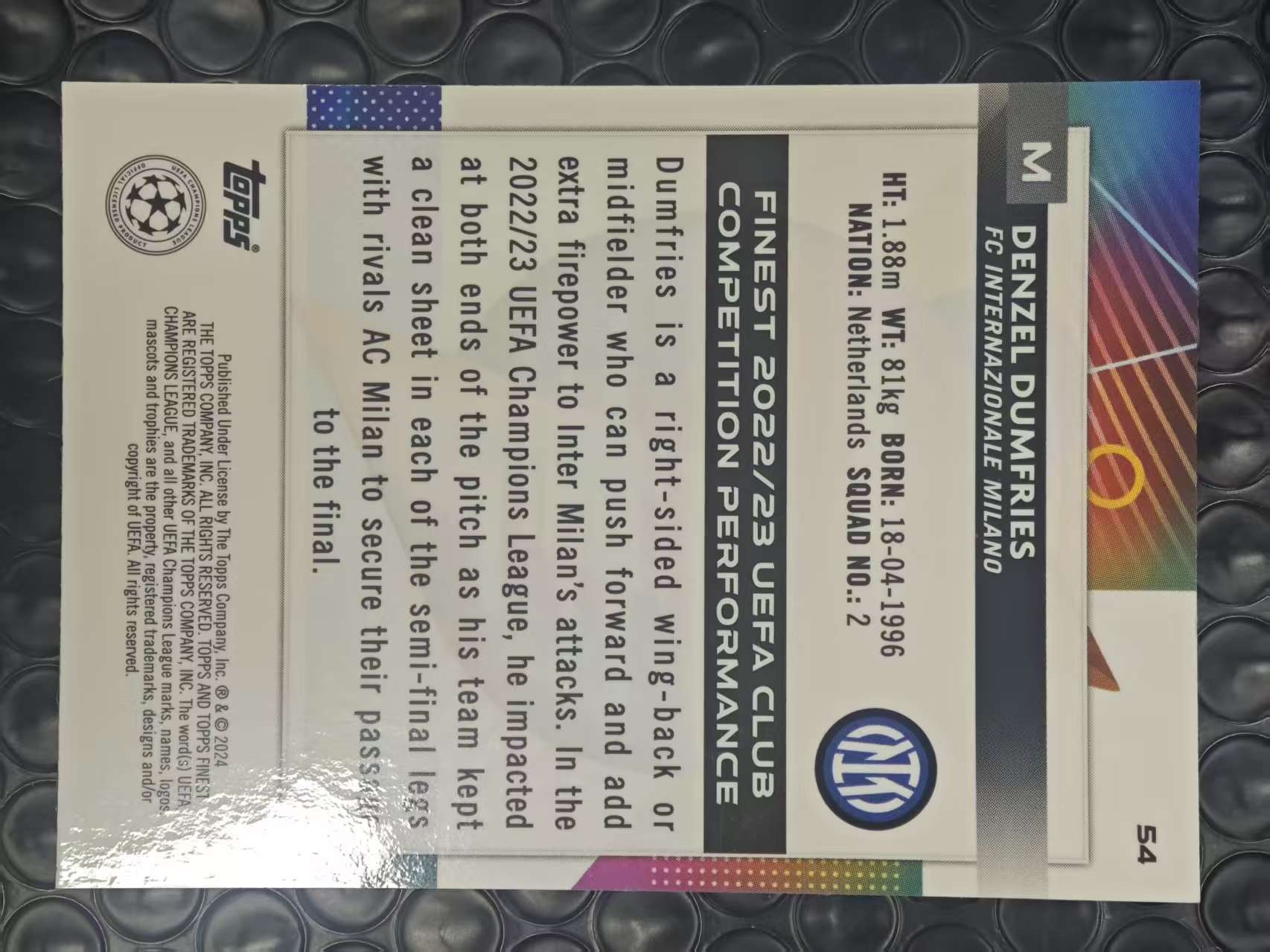 2023-24 Topps Finest Denzel Dumfries 欧冠 国际米兰 邓弗里斯 70/99编 绿折 折射 卡品如图【原地起飞卡社】MVP11.6