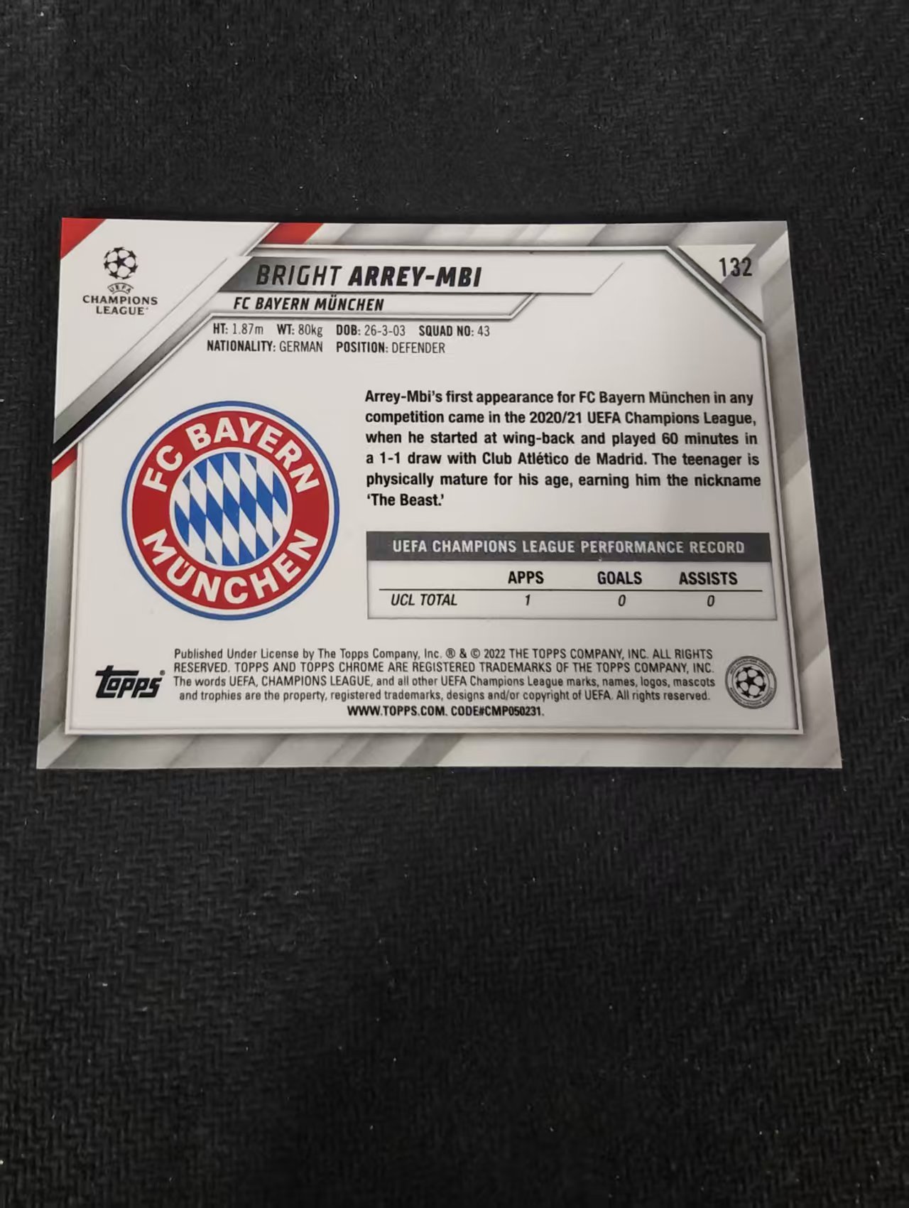 【可合并,不累计】2022 topps chrome Bright Arrey Mbi 布莱特 阿雷姆比 RC新秀 拜仁慕尼黑 欧冠 不保卡品 介意勿拍 #132