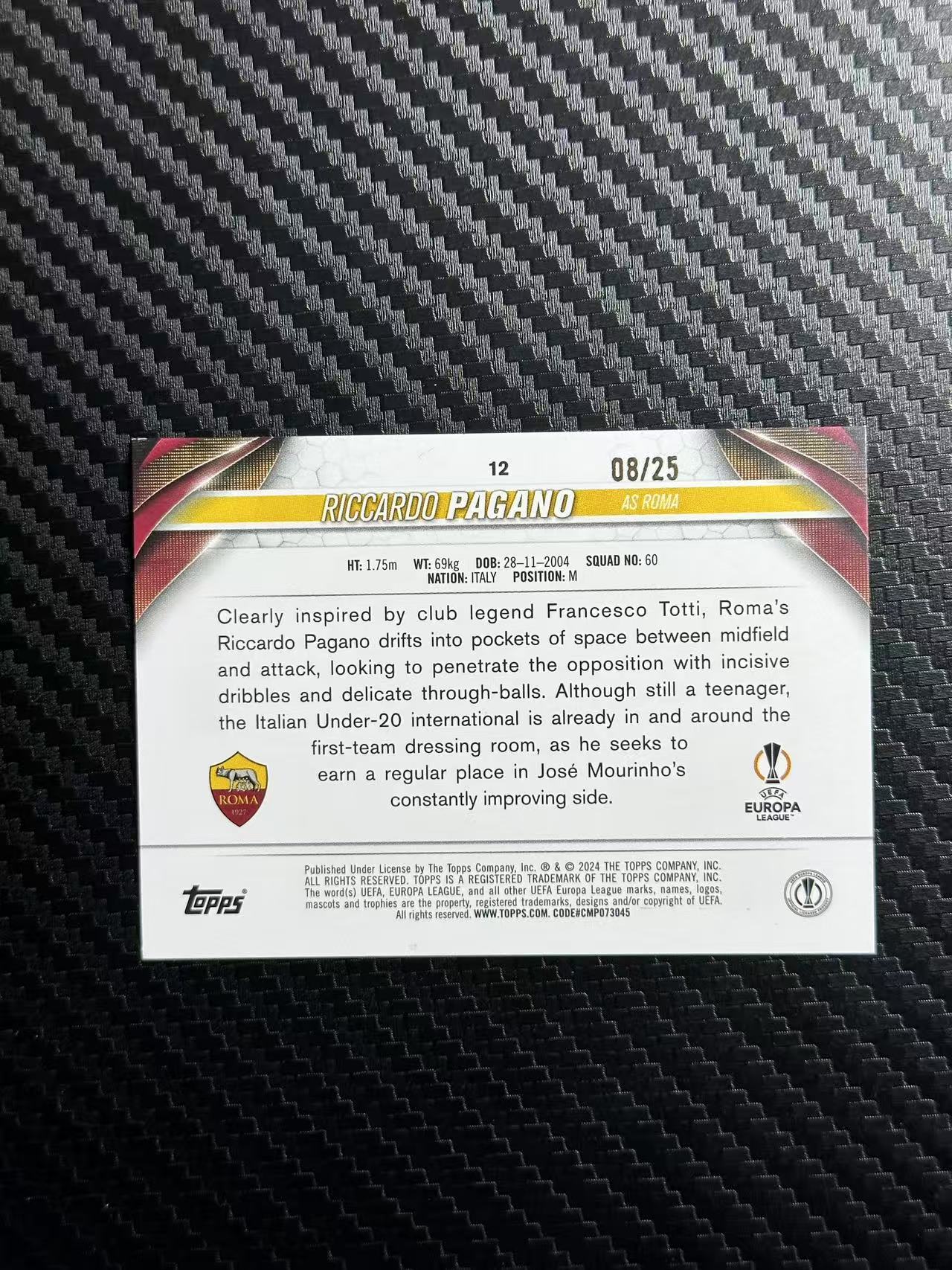 2024 Topps UCC Riccardo Pagano RC 欧冠 碧玉 帕加诺 罗马 新秀 橙玉折 08/25编 卡品如图 拍前看描述