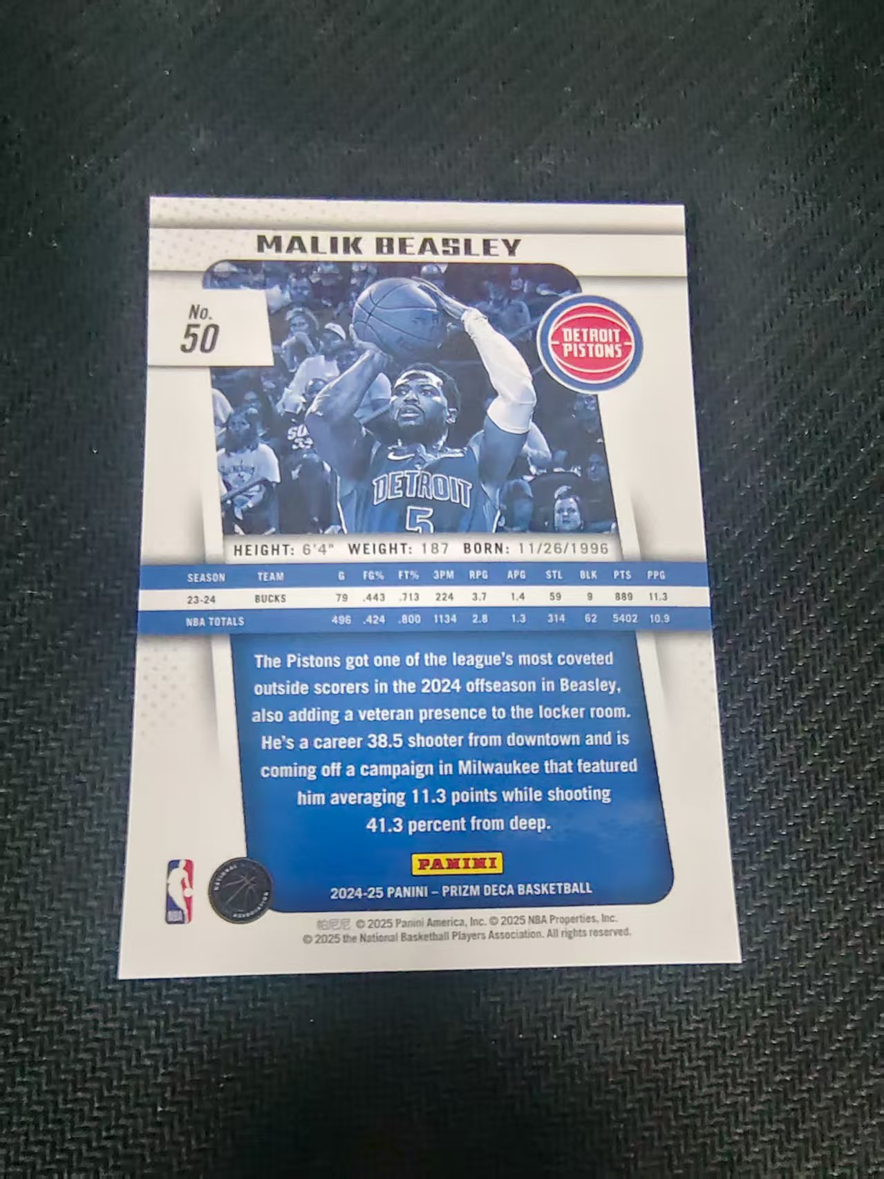 【可合并,不累计】2024-25 Panini Prizm Malik Beasley pz DECA 复刻 活塞 马利克 比斯利 划痕 边角瑕疵 #50