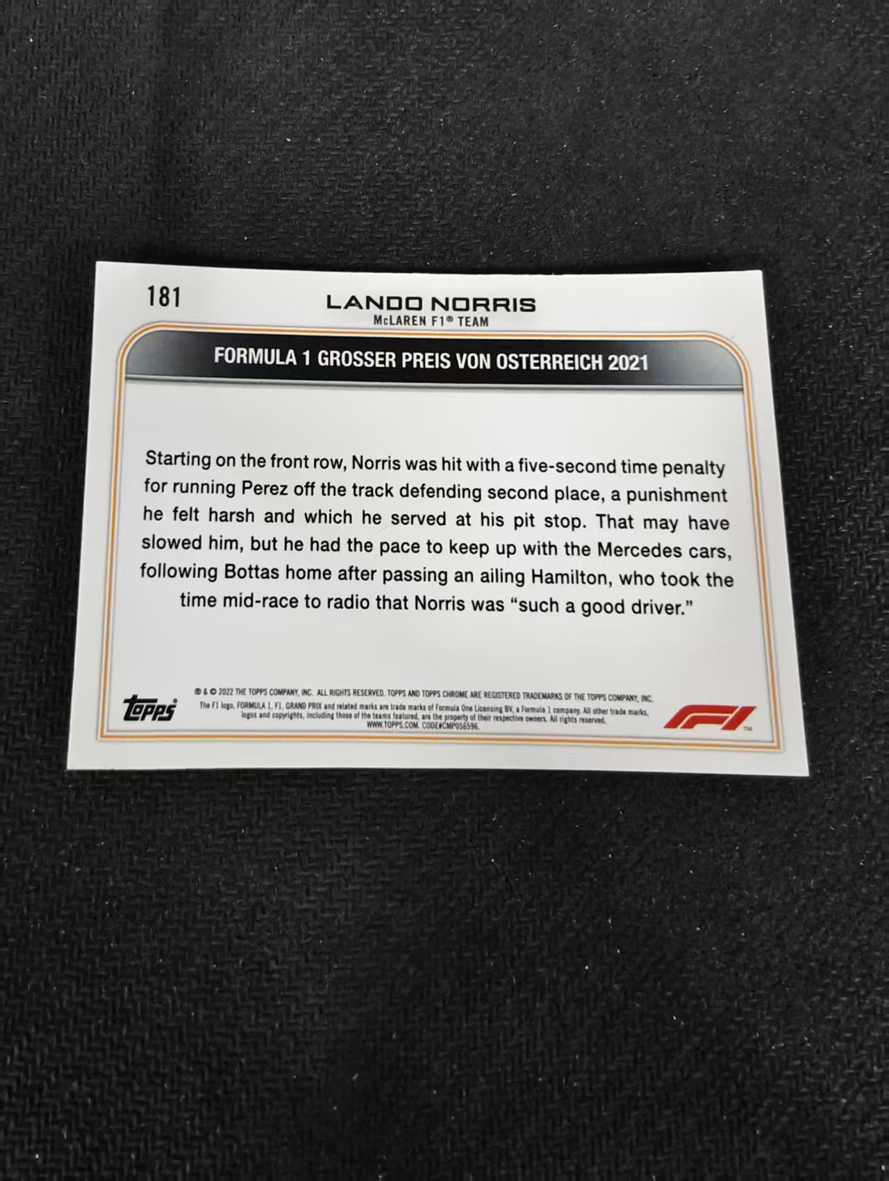 2022 Topps Chrome F1 Lando Norris 兰多 诺里斯 迈凯伦车队 划痕 边角瑕疵 #181