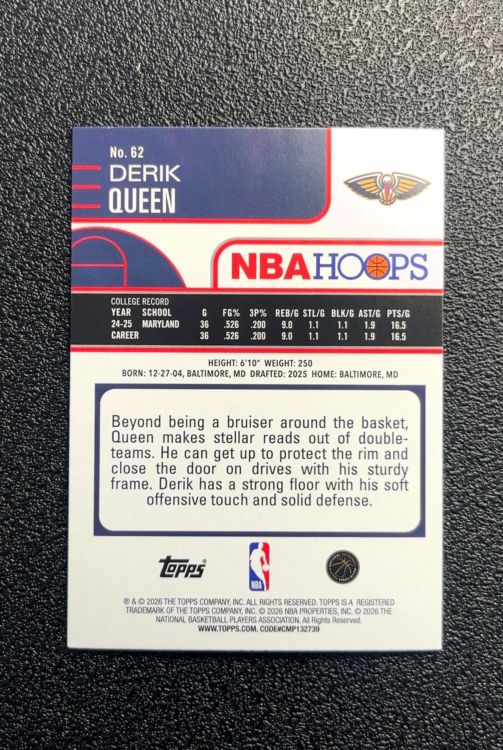 【小白1%代卖】2026 Topps NBA HOOPS Derik Queen 德里克·奎恩 银折 折射 新秀 RC 卡品如图 高价值 #62 New Orleans 新奥尔良 0022#65