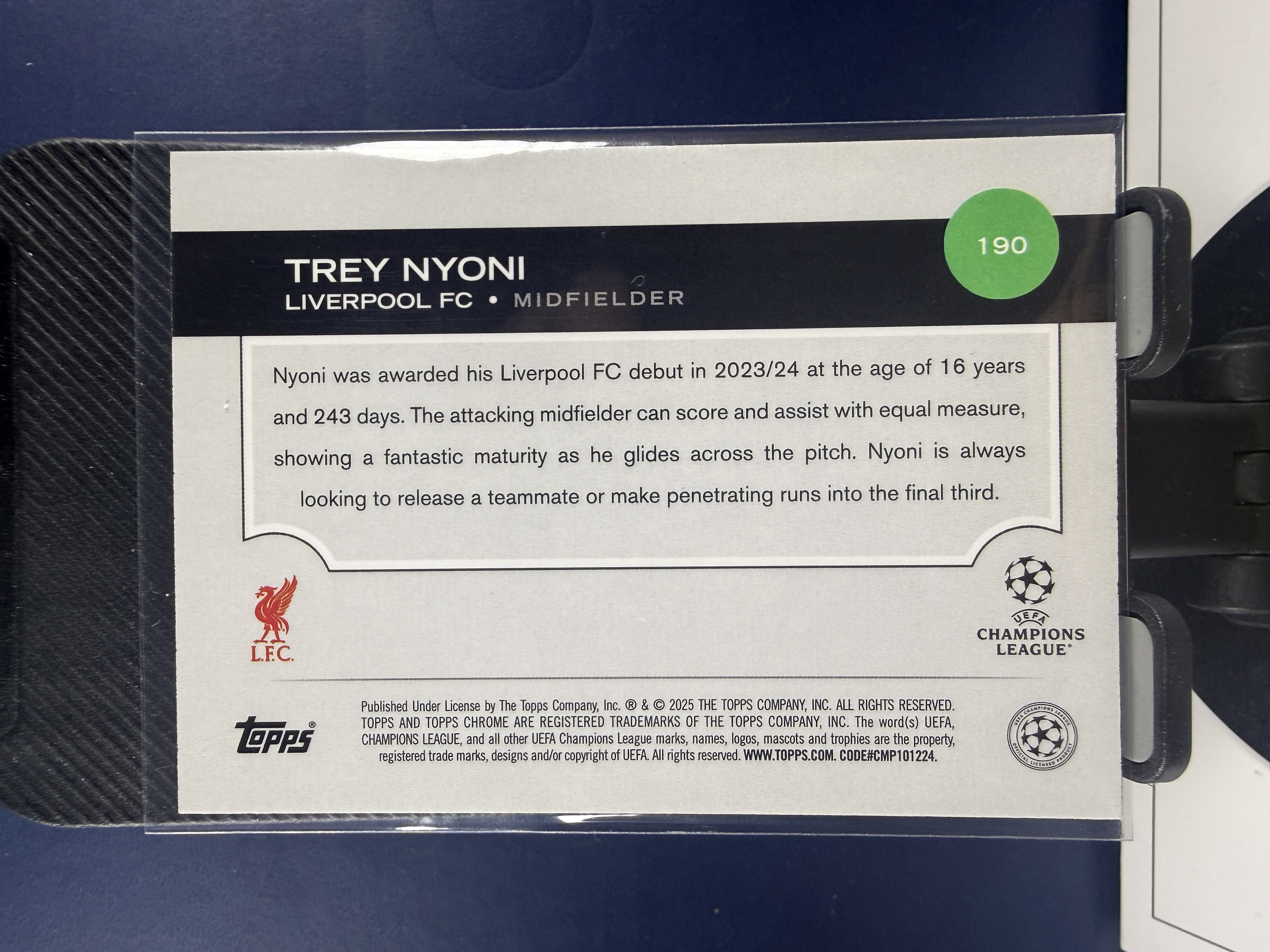2024-25 Topps Chrome Trey Nyoni RC TC 欧冠 利物浦 新秀 尼奥尼 蓝折 150编 折射 收藏必备 (沸腾)