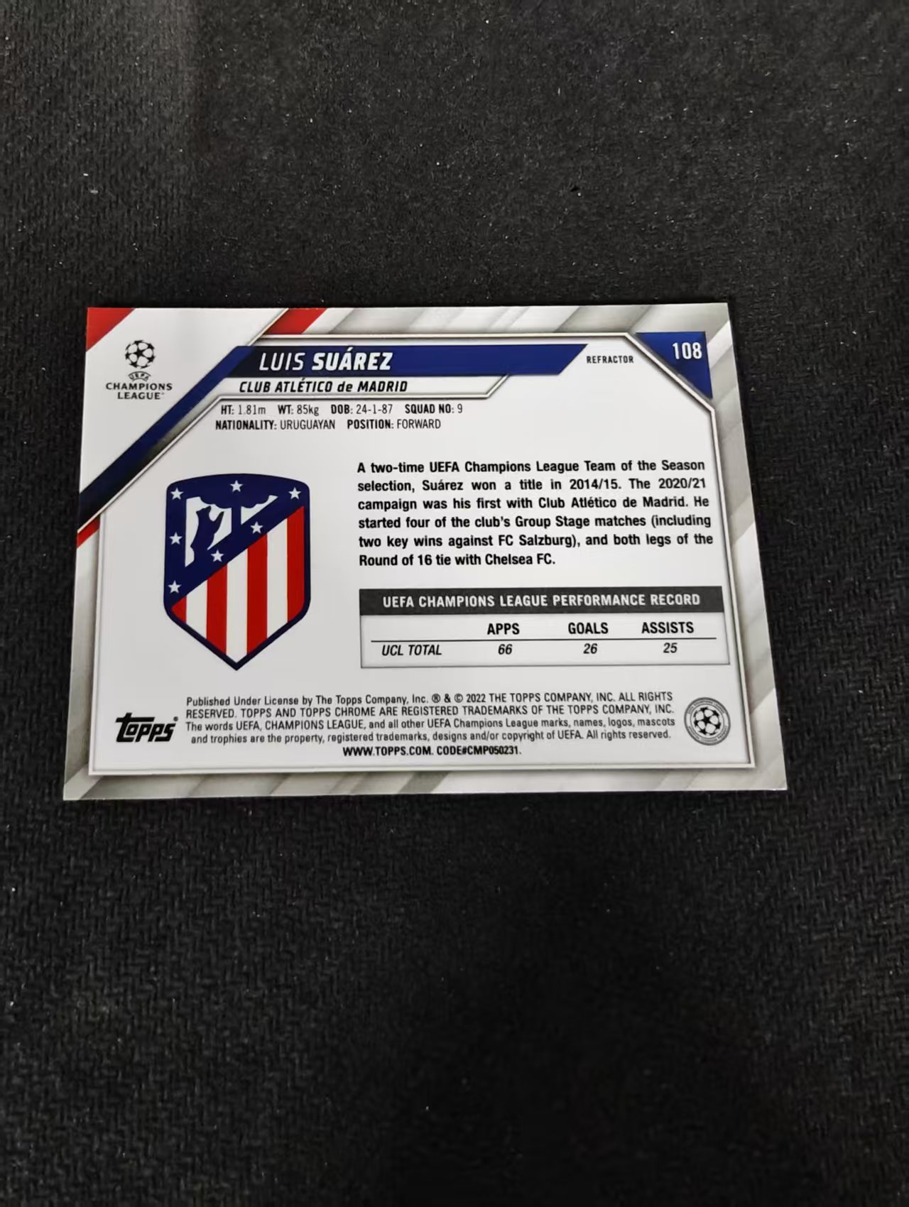 【可合并,不累计】2022 Topps Chrome Luis Suárez 苏亚雷斯 马竞 银折 欧冠 划痕 边角瑕疵 #108