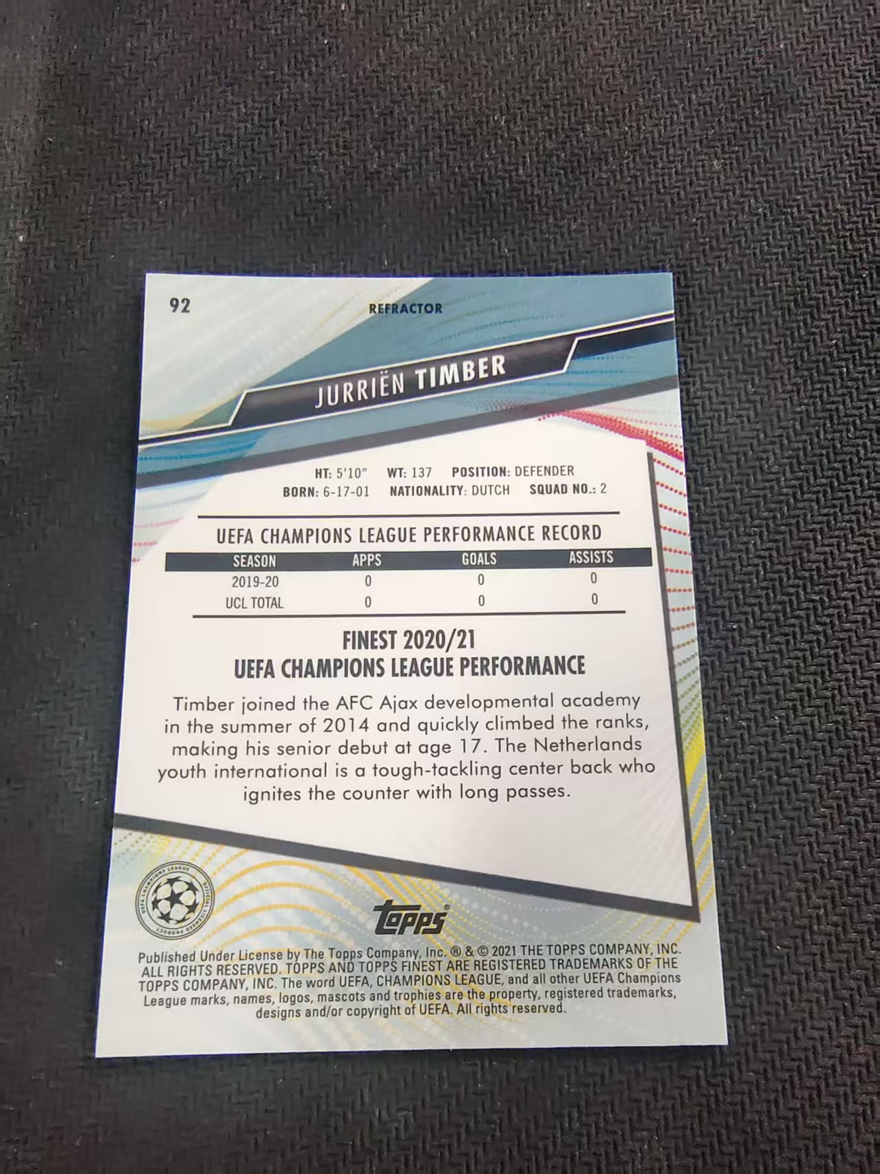 【可合并,不累计】2021 Topps Finest JURRIEN TIMBER RC 阿贾克斯 廷贝尔 新秀 欧冠 银折 #92