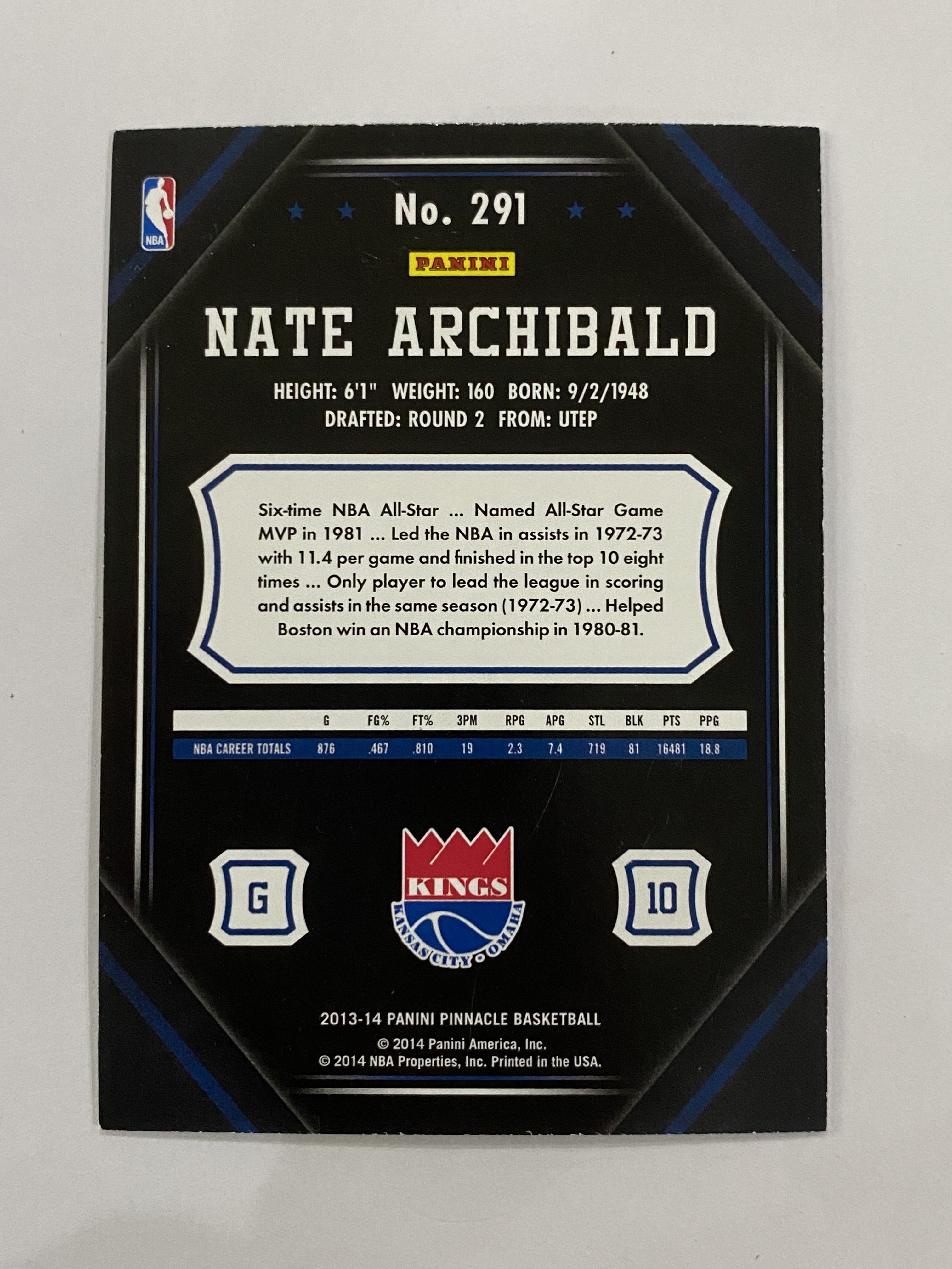 2013-14 Panini Pinnacle Nate Archibald 内特 阿奇博尔德  国王队  巅峰 热门球星 收藏必备 凑套必备 实卡精美 #291
