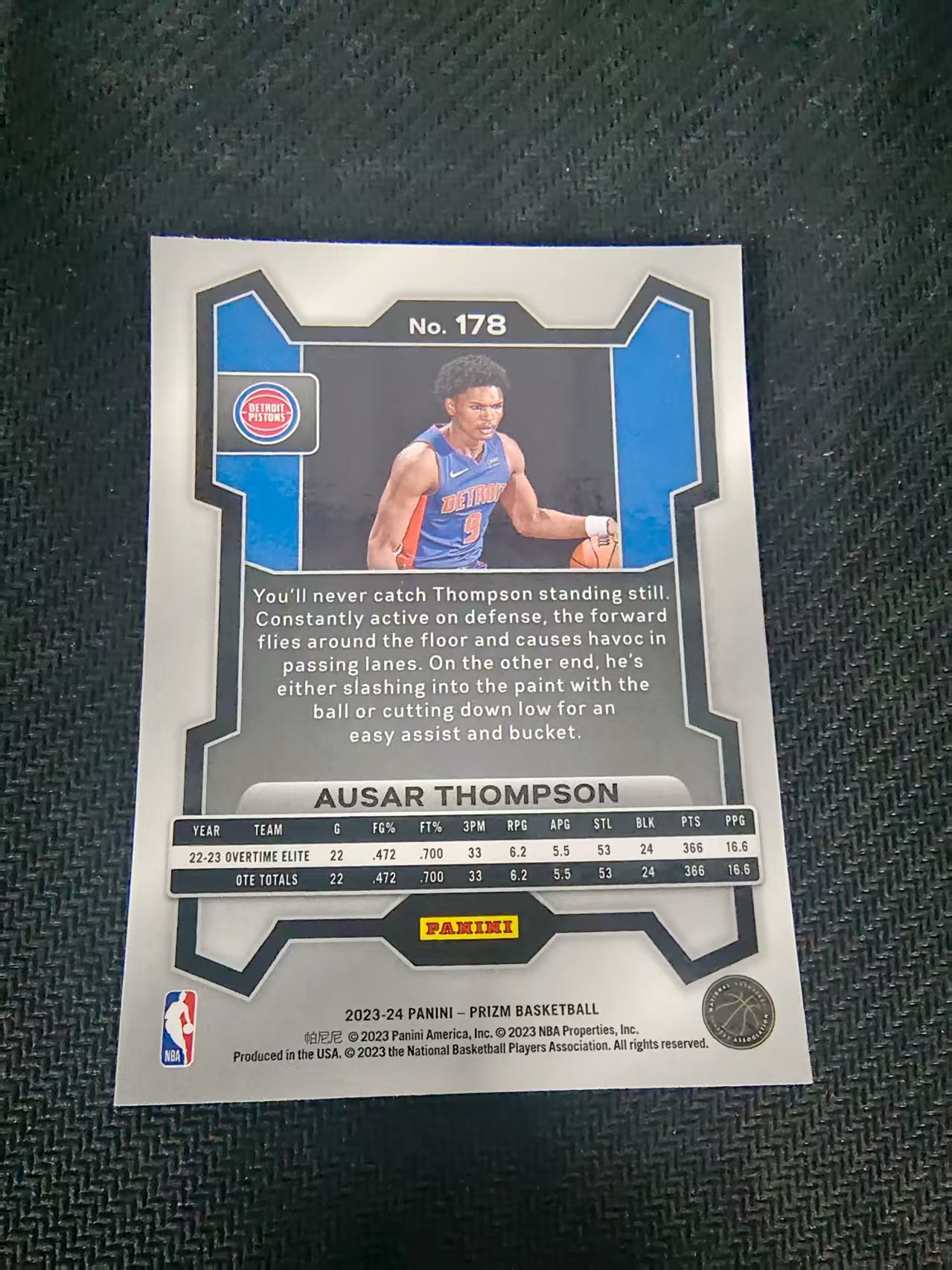 【可合并,不累计】2023-24 Panini Prizm Ausar Thompson RC 奥萨尔 汤普森 活塞队 RC 新秀 PZ 划痕 边角微瑕 #178