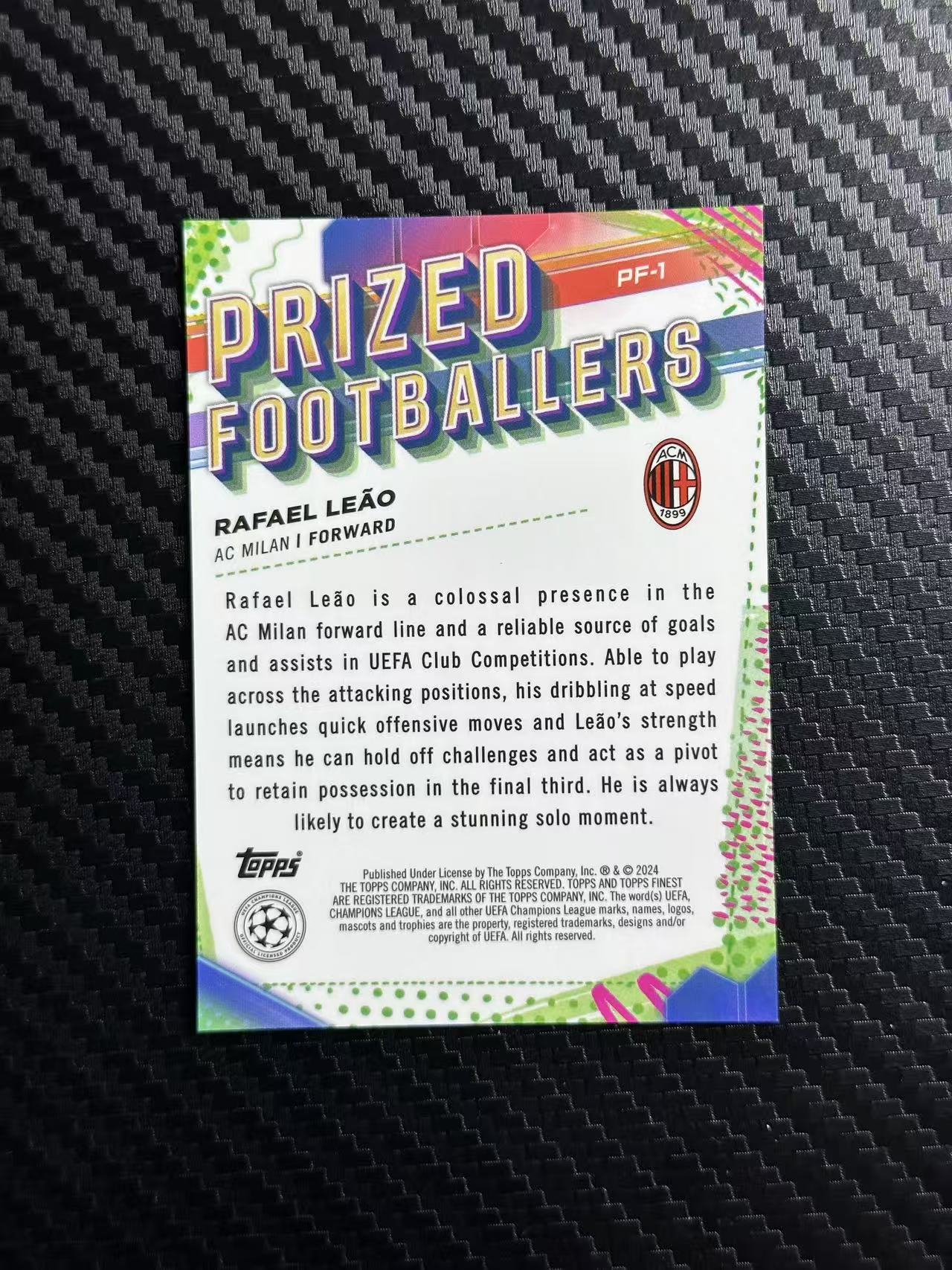 2024 Topps Finest Rafael Leao 拉斐尔 莱奥 葡萄牙 AC米兰 欧冠 299编 紫折 折射 Prized Footballers 典范球员特卡 卡品如图 拍前看描述