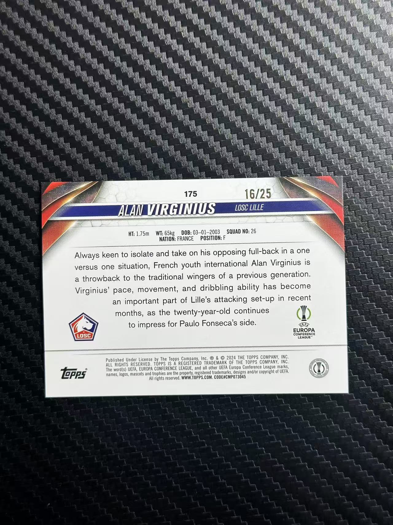 2024 Topps ucc Alan Virginius RC 阿兰 弗吉尼厄斯 新秀 里尔 16/25编 橙玉折 折射 碧玉 欧冠 卡品如图 拍前看描述