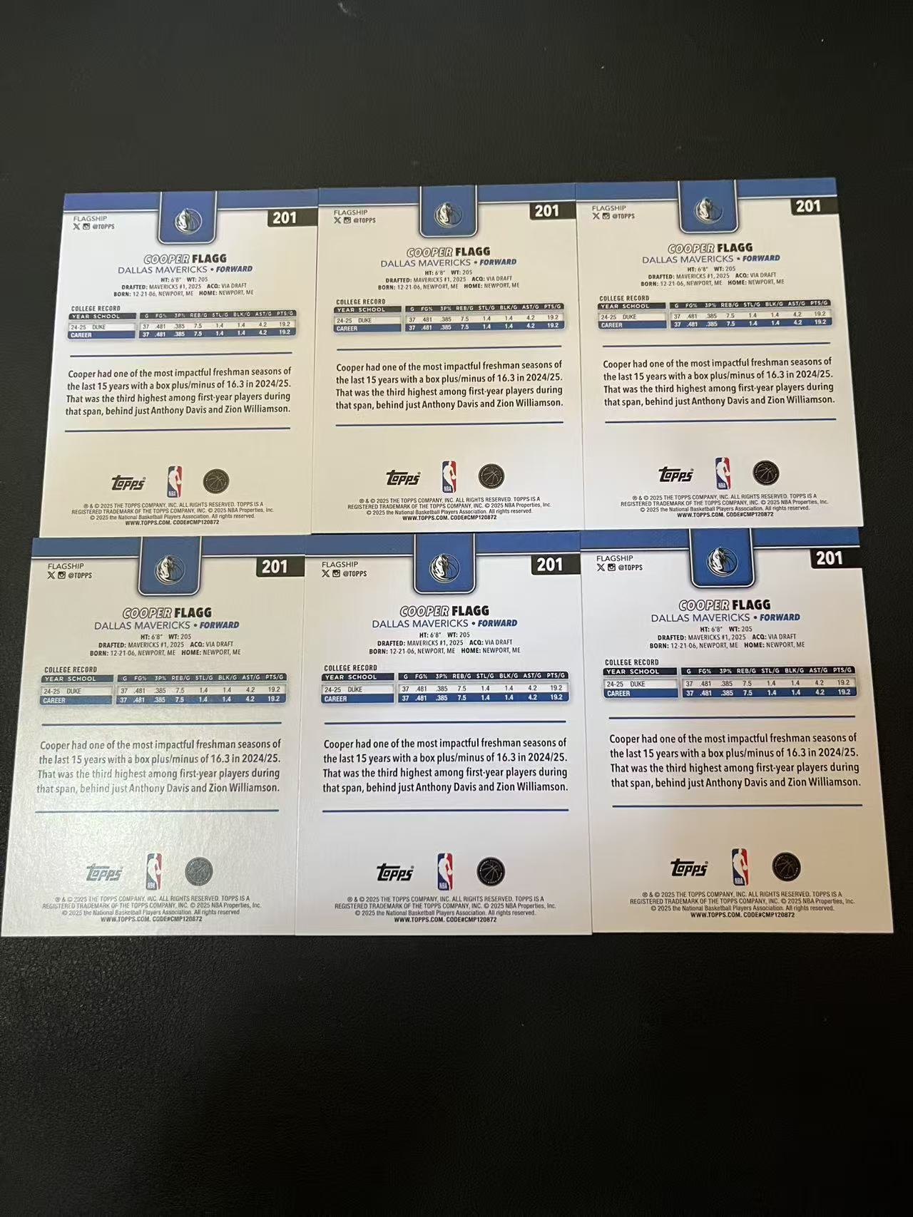2025 Topps Flagship Cooper Flagg RC 独行侠 库珀 弗拉格 base 新秀 状元 美国之子 6张 卡品如图 龙龙龙