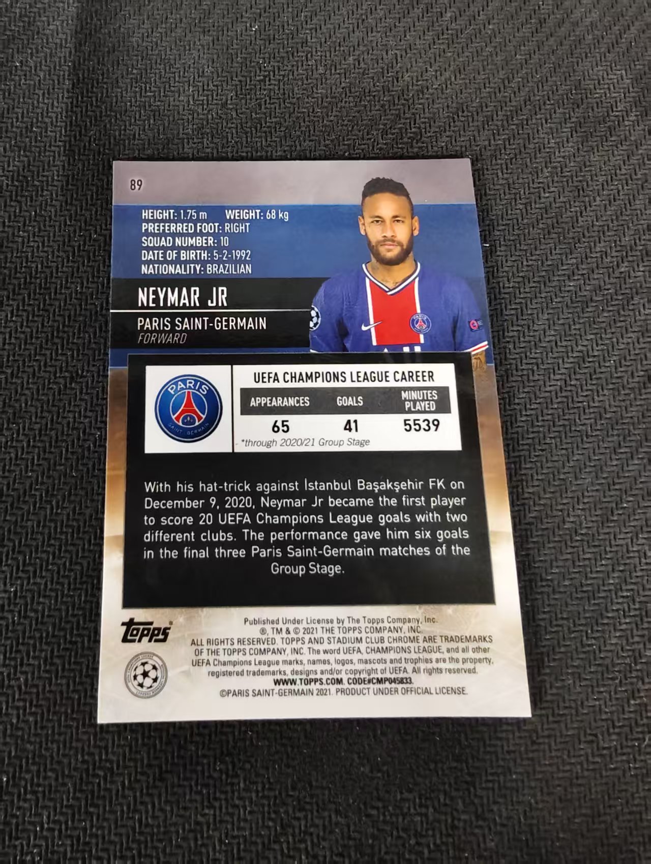 【可合并,不累计】2021 Topps Stadium Club Chrome Neymar Jr 巴黎 巴萨 巴塞罗那 巴西 内马尔 竞技场 欧冠 划痕 边角瑕疵 #89
