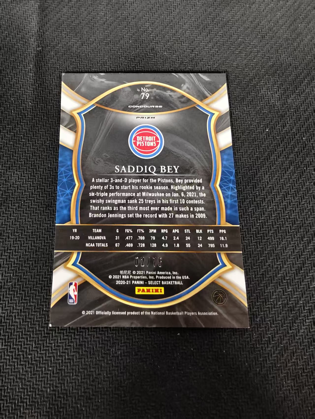 【汽水拍卖】2020-21 Panini Select Saddiq Bey RC 萨迪克 贝 新秀rc 绿折 75编 活塞 微瑕如图