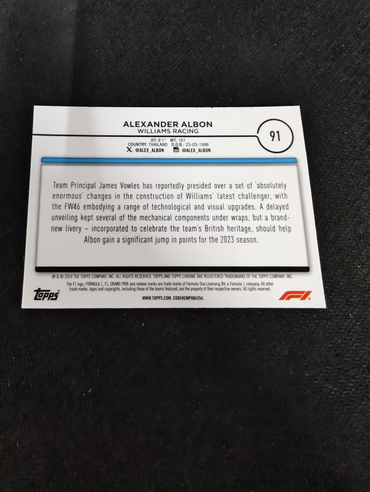 2024 Topps Chrome F1 Alexander Albon 方程式赛车 亚历山大 阿尔本 威廉姆斯车队 划痕 边角瑕疵 #91
