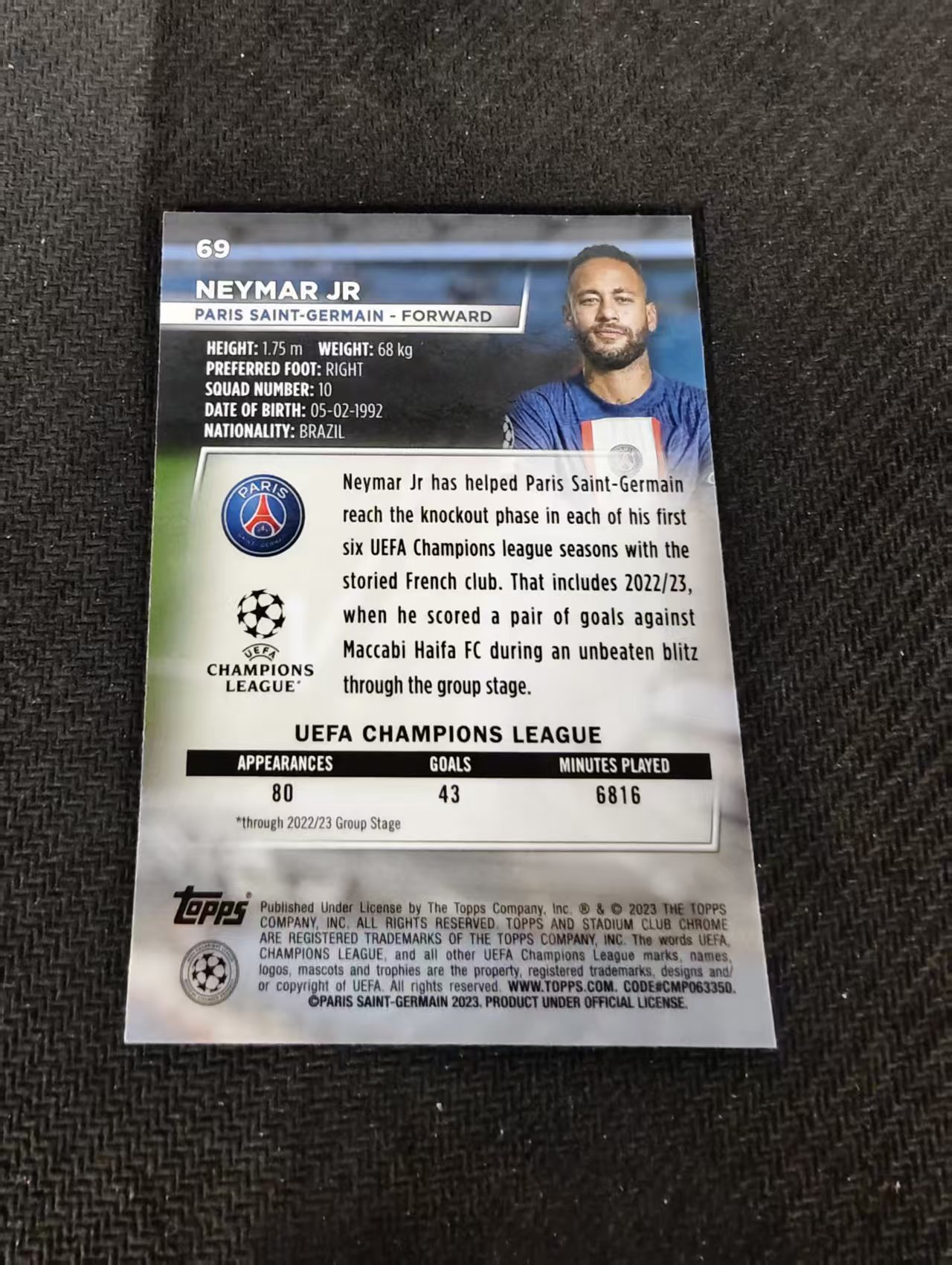 【可合并,不累计】2023 Topps Stadium Club Chrome Neymar jr 大巴黎 内马尔 欧冠 竞技场 不保卡品 介意勿拍 #69