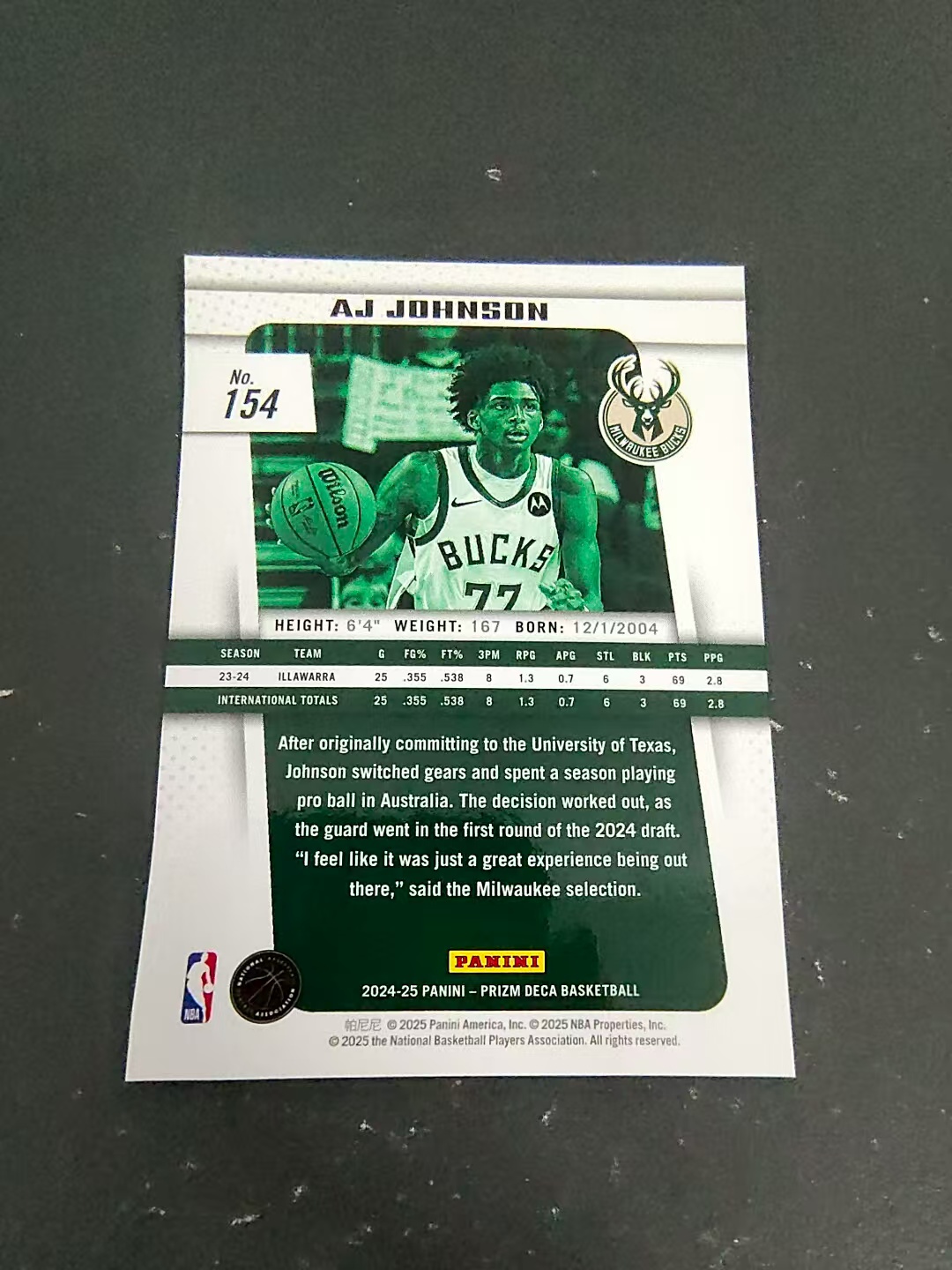 【可合并,不累计】2024-25 Panini Prizm Deca AJ Johnson RC AJ 约翰逊 雄鹿 新秀 PZ 复刻 划痕 边角瑕疵 #154
