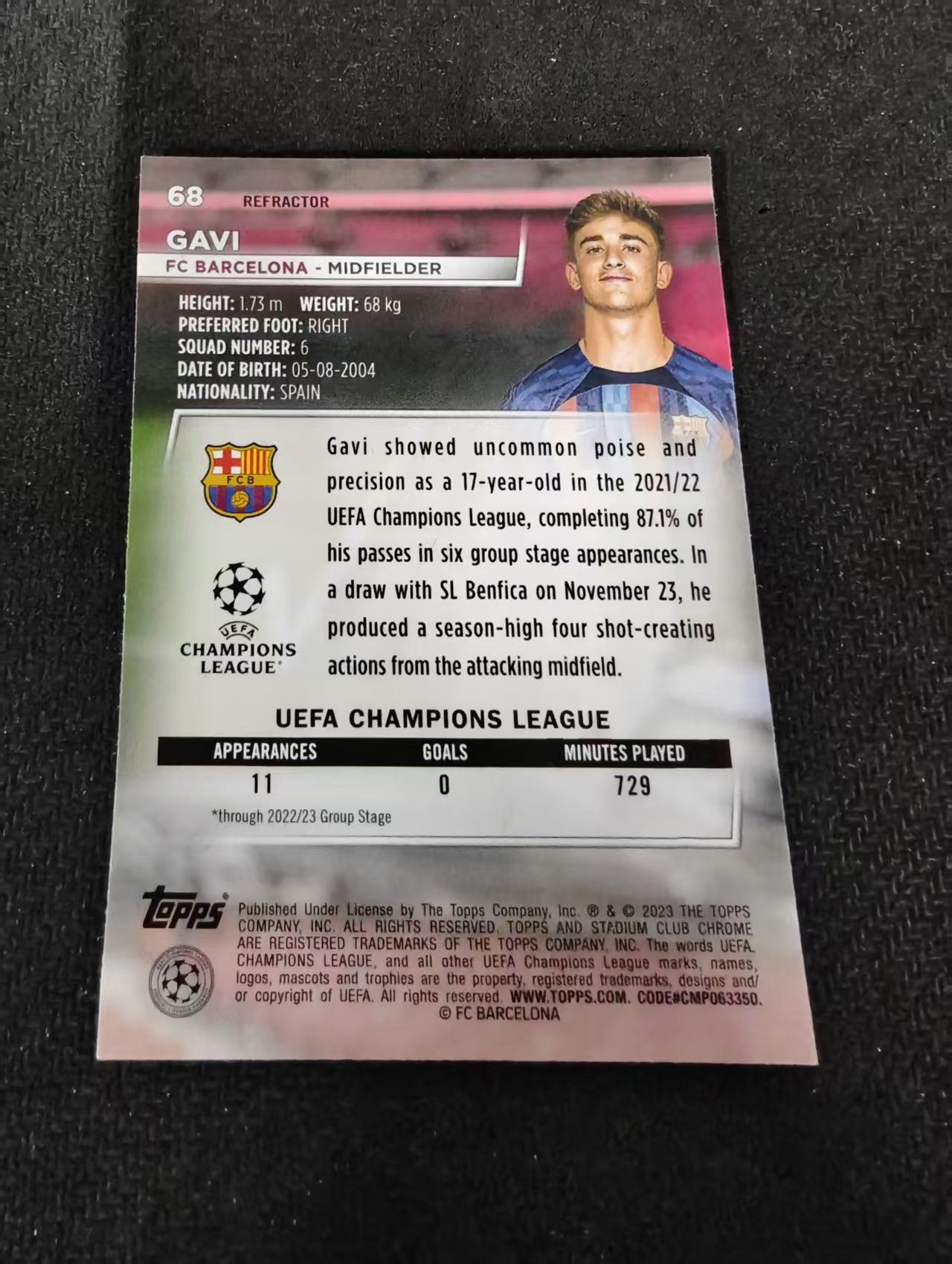 【可合并,不累计】2023 Topps Stadium Club Chrome Gavi 加维 巴塞罗那 巴萨 西班牙金童 欧冠 竞技场 银折 划痕 边角瑕疵 @68