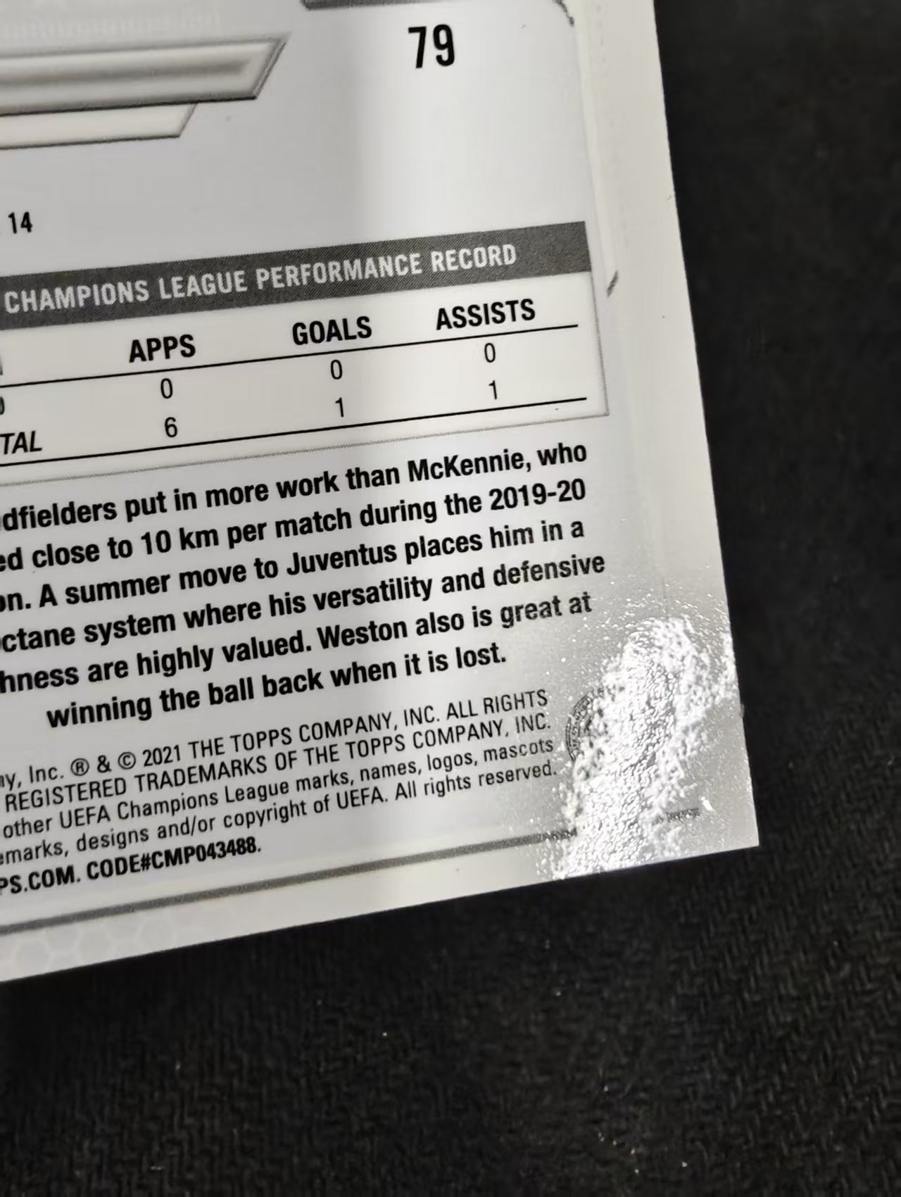 【可合并,不累计】2021 Topps Chrome weston mckennie 欧冠 韦斯顿 麦肯尼 美国 尤文图斯 橙泡泡折 大比例 划痕 边角瑕疵 #79