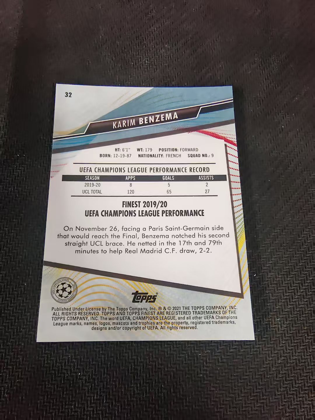 【可合并,不累计】2021 Topps Topps Finest Karim Benzema 欧冠 本泽马 皇家马德里 划痕 边角瑕疵 #32