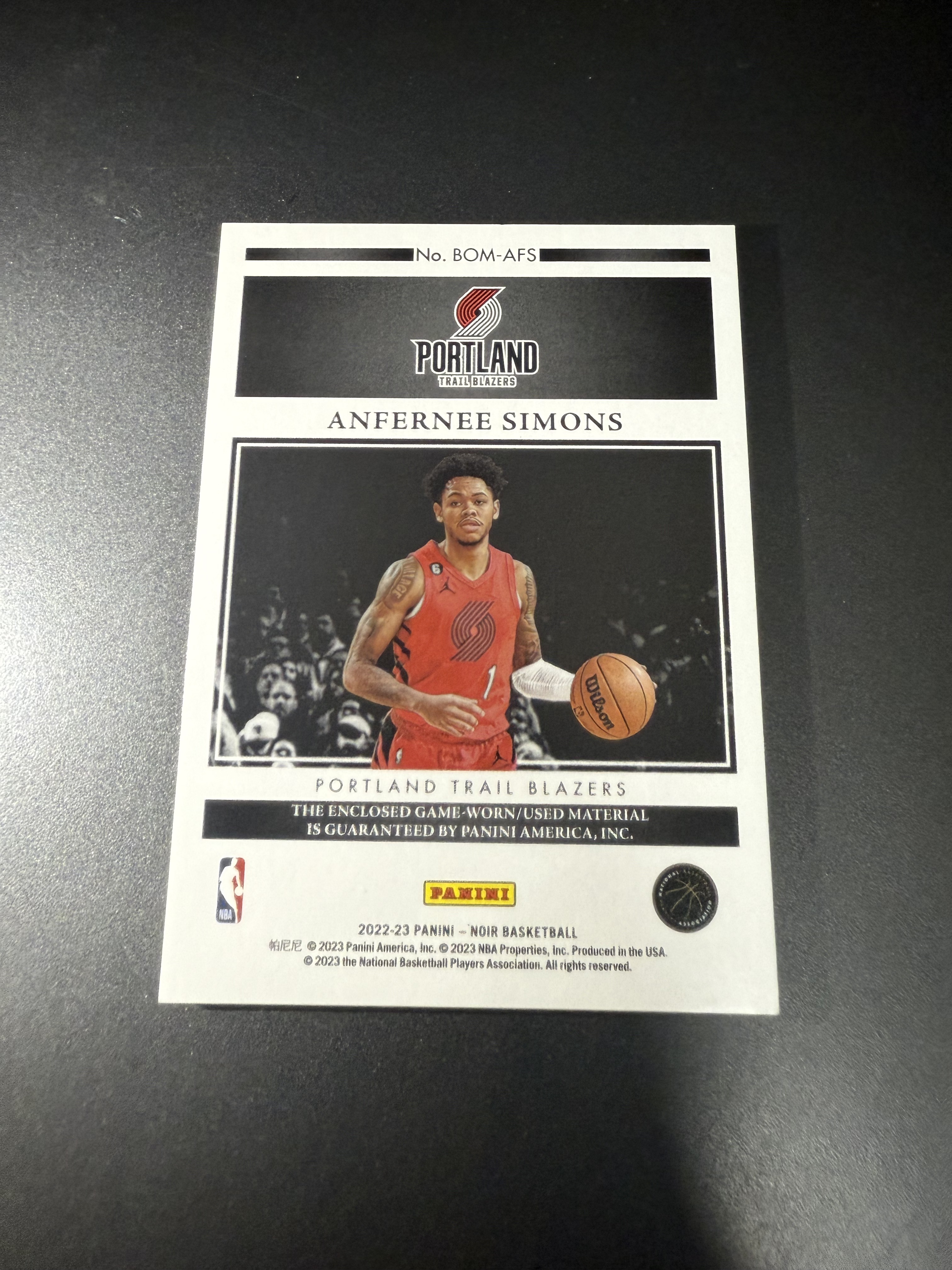 2022-23 Panini Noir Anfernee Simons 安芬尼西蒙斯 球衣 GU 亲穿球衣 99编 井
