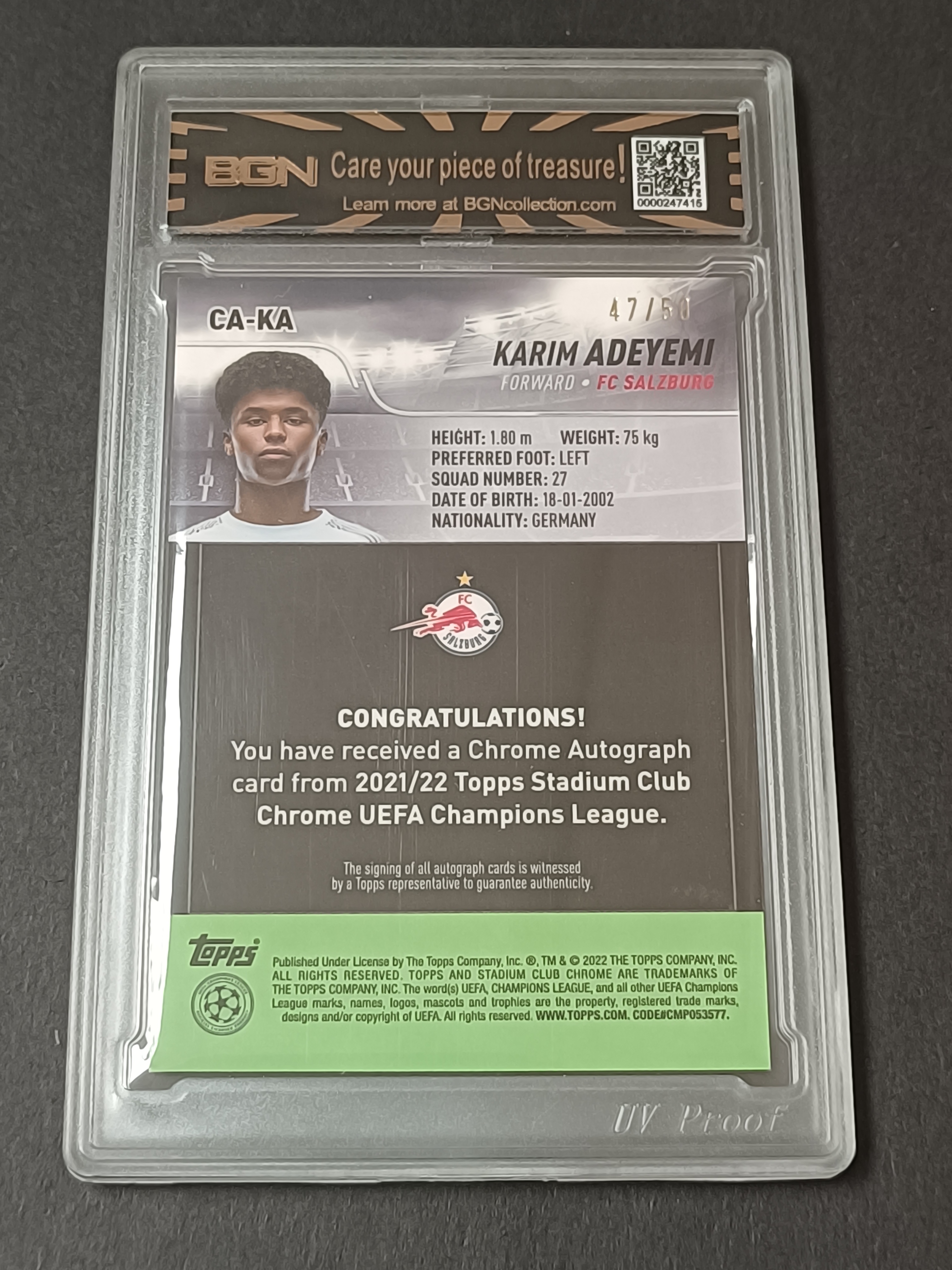 2021-22 Topps Stadium Club Chrome Karim Adeyemi 欧冠 竞技场 萨尔茨堡红牛 阿德耶米 多特蒙德 完美签字 50编 金折 bgn鉴真 收藏必备