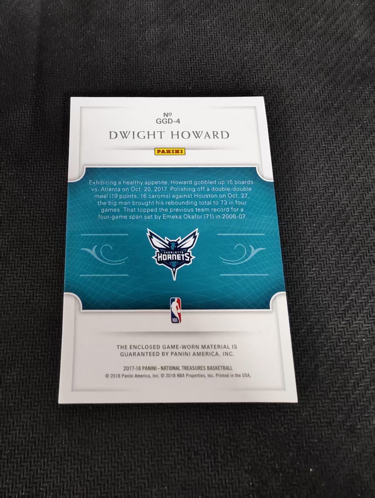 【汽水拍卖】2017-18 Panini National Treasures Dwight Howard 国宝 霍华德 黄蜂 球衣 物料 /99编 双窗物料