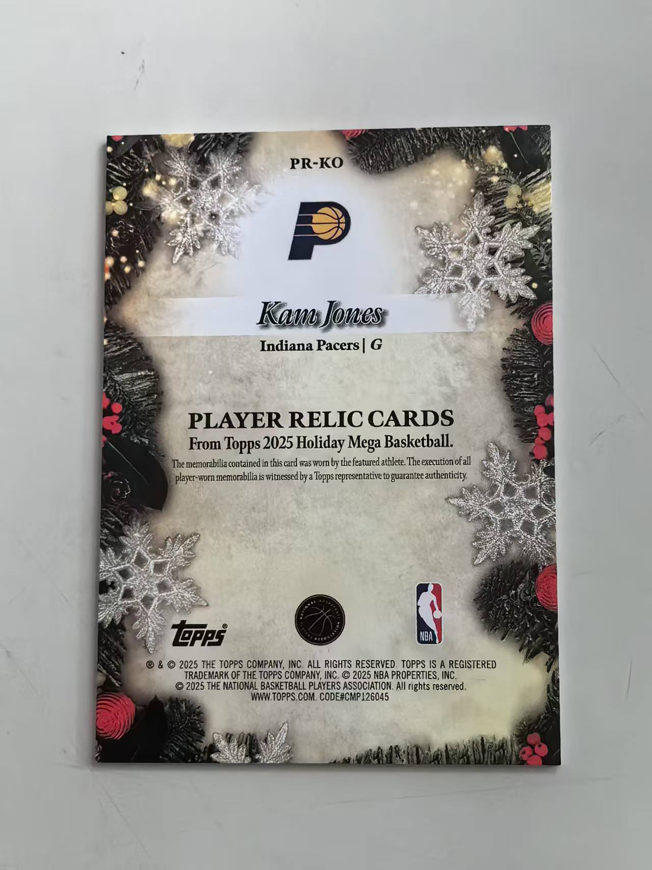 2025 Topps Holiday Kam Jones RC 新秀 #PR-KO 球衣卡 物料切割 步行者 【黑魔苏】