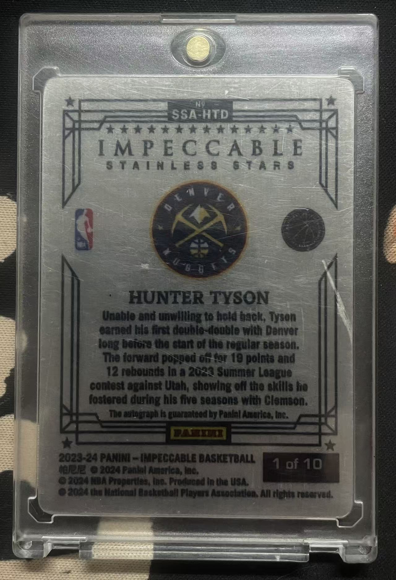 2023-24 Panini Impeccable Hunter Tyson 亨特·泰森 掘金 rc 新秀年 签字 卡签 rpa 小真金 10编 首编 超低编 约基奇队友 铁板 值得投资(猴子卡社)