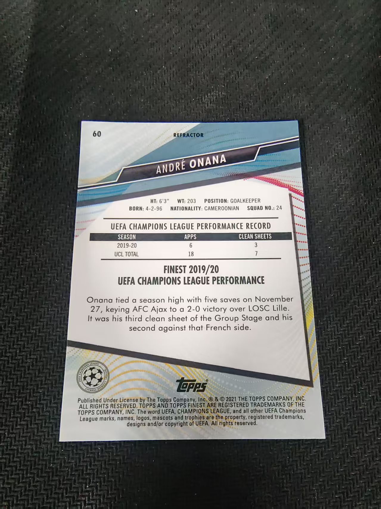 【可合并,不累计】2021 Topps Finest André Onana 欧冠 曼联 奥纳纳 银折 #60 划痕 边角瑕疵