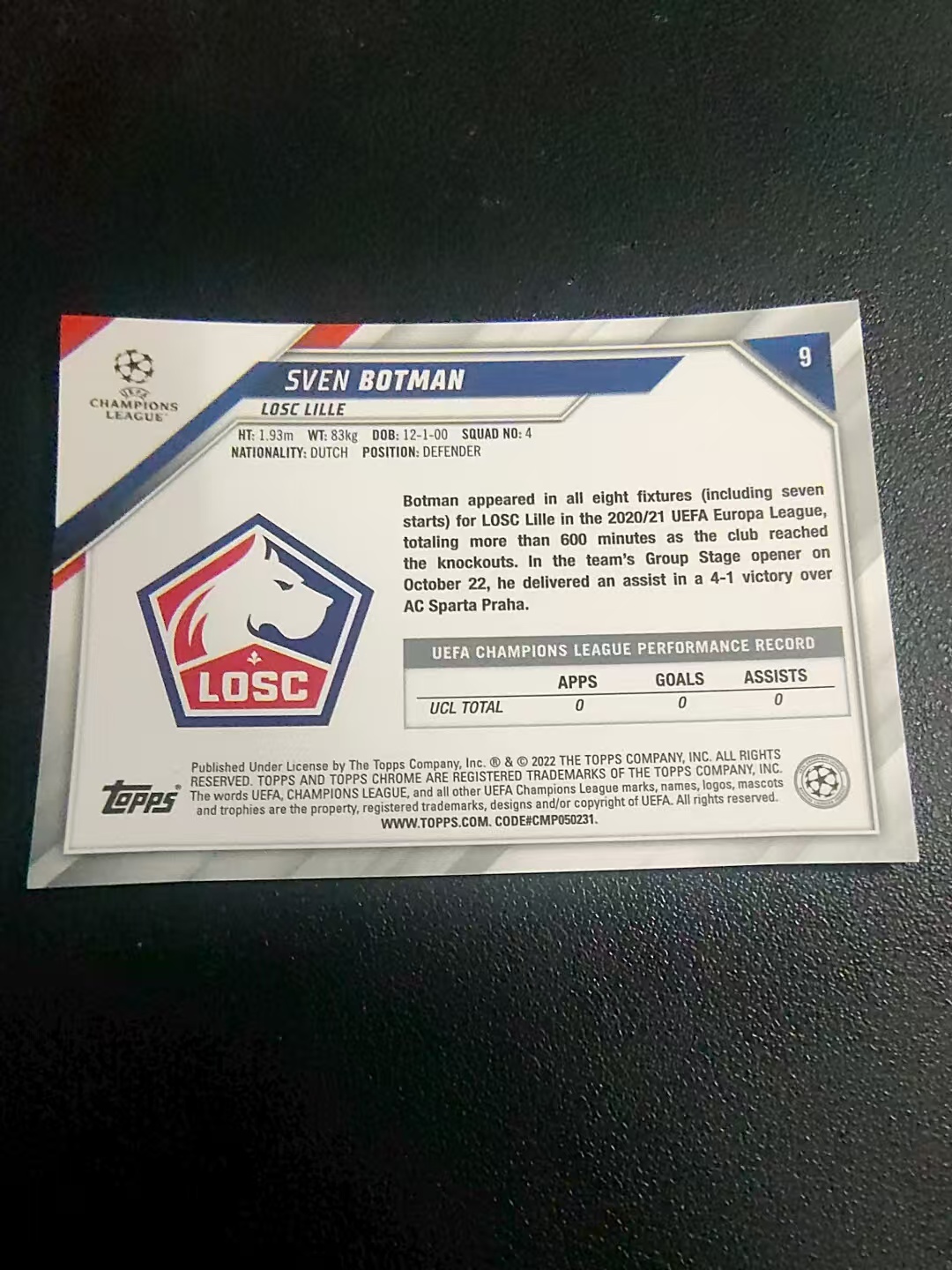 【可合并,不累计】2022 Topps Chrome Sven Botman RC 里尔 博特曼 新秀 RC 欧冠 边角瑕疵 #9
