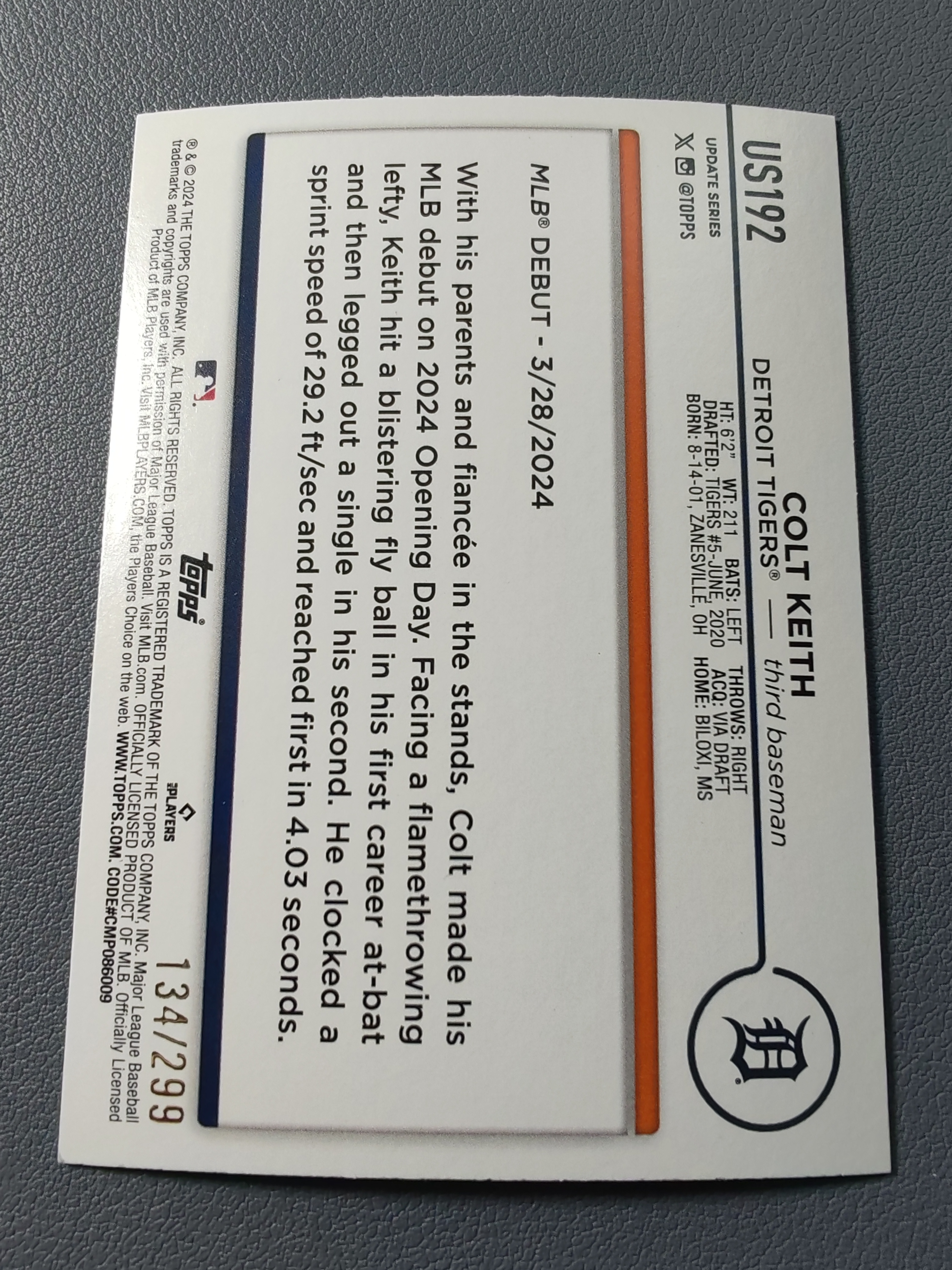 2024 Topps Update Colt Keith RC 299编!橙碎冰折!