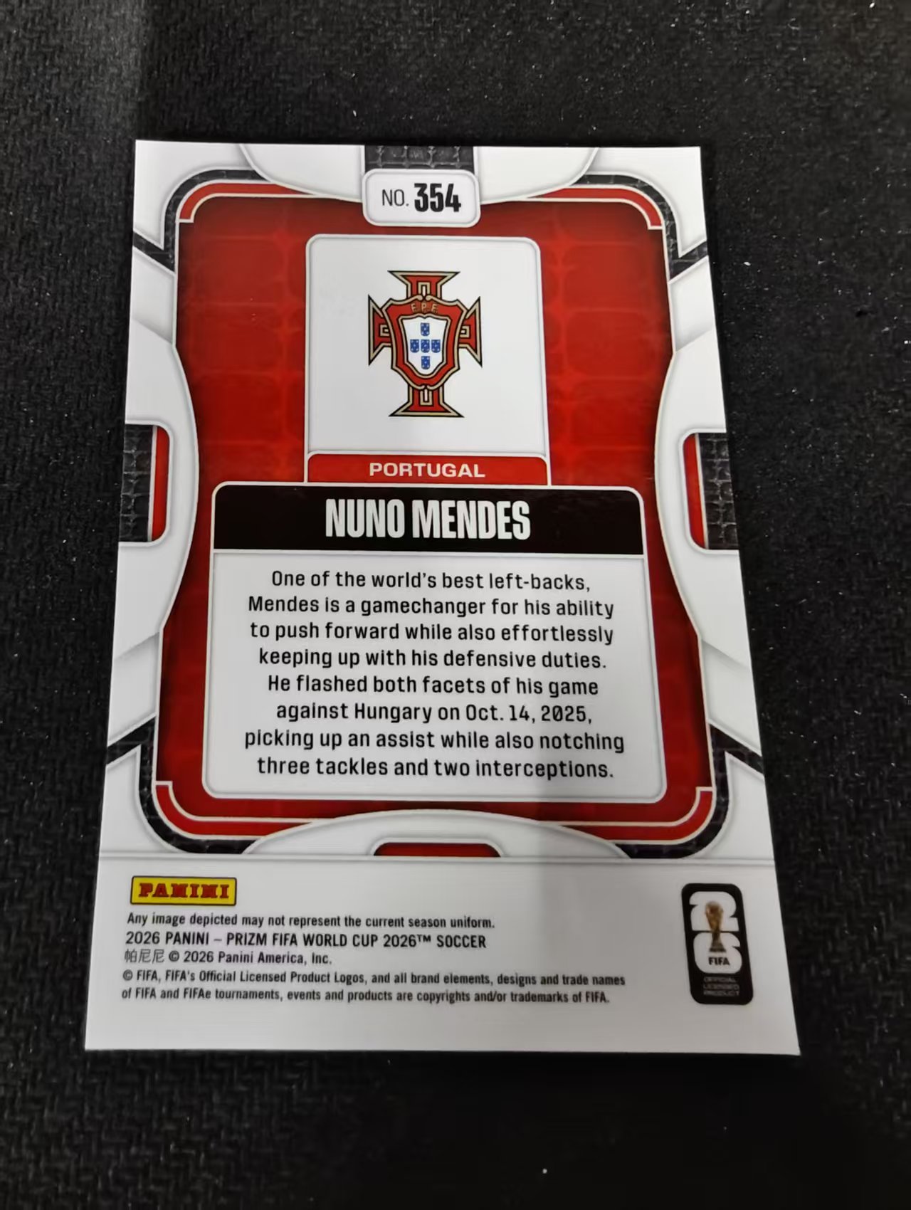 2026 Panini World Cup Prizm Nuno Mendes 努诺门德斯 大巴黎 葡萄牙 PZ世界杯 划痕 边角瑕疵#354