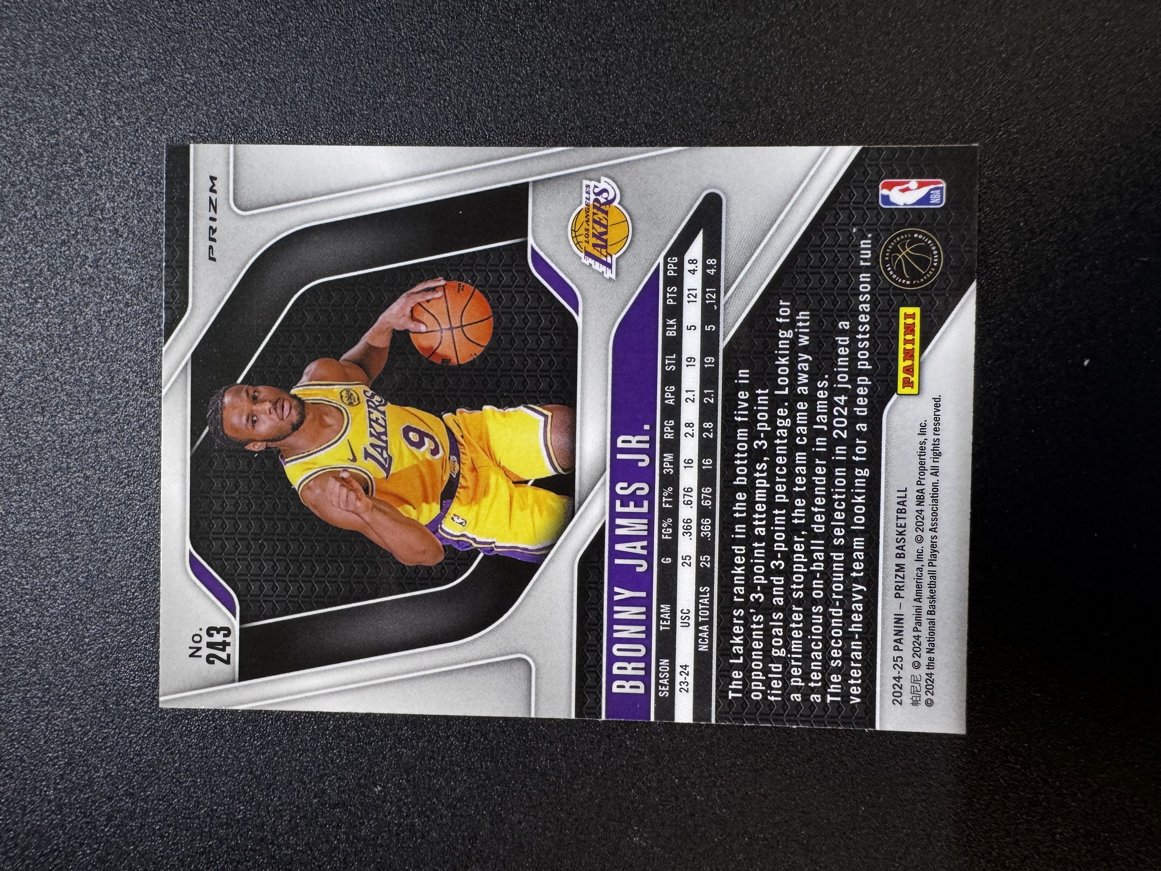 2024-25 Panini Prizm Bronny James 洛杉矶湖人 布朗尼 詹姆斯 RC新秀 詹姆斯长子 太子爷 银折 折射 潜力新秀 未来可期